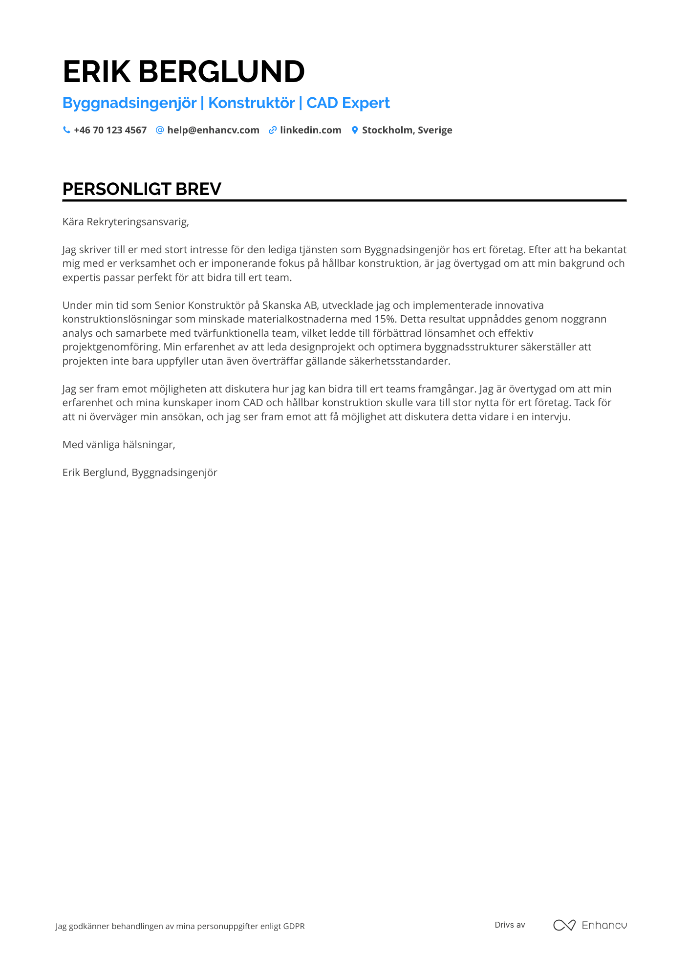 Personligt brev för Byggnadsingenjör Konstruktör Resume Example