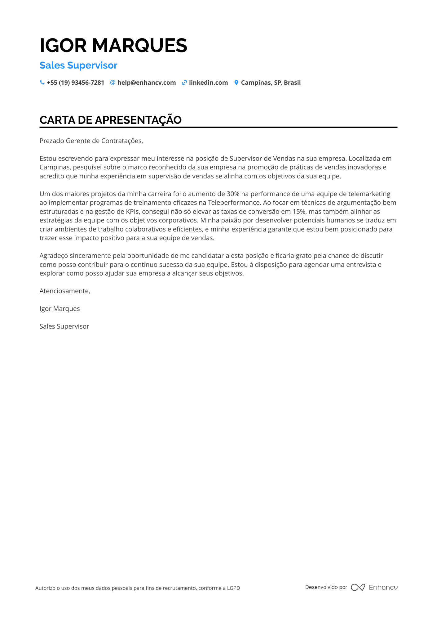 Telemarketing Sênior Resume Example