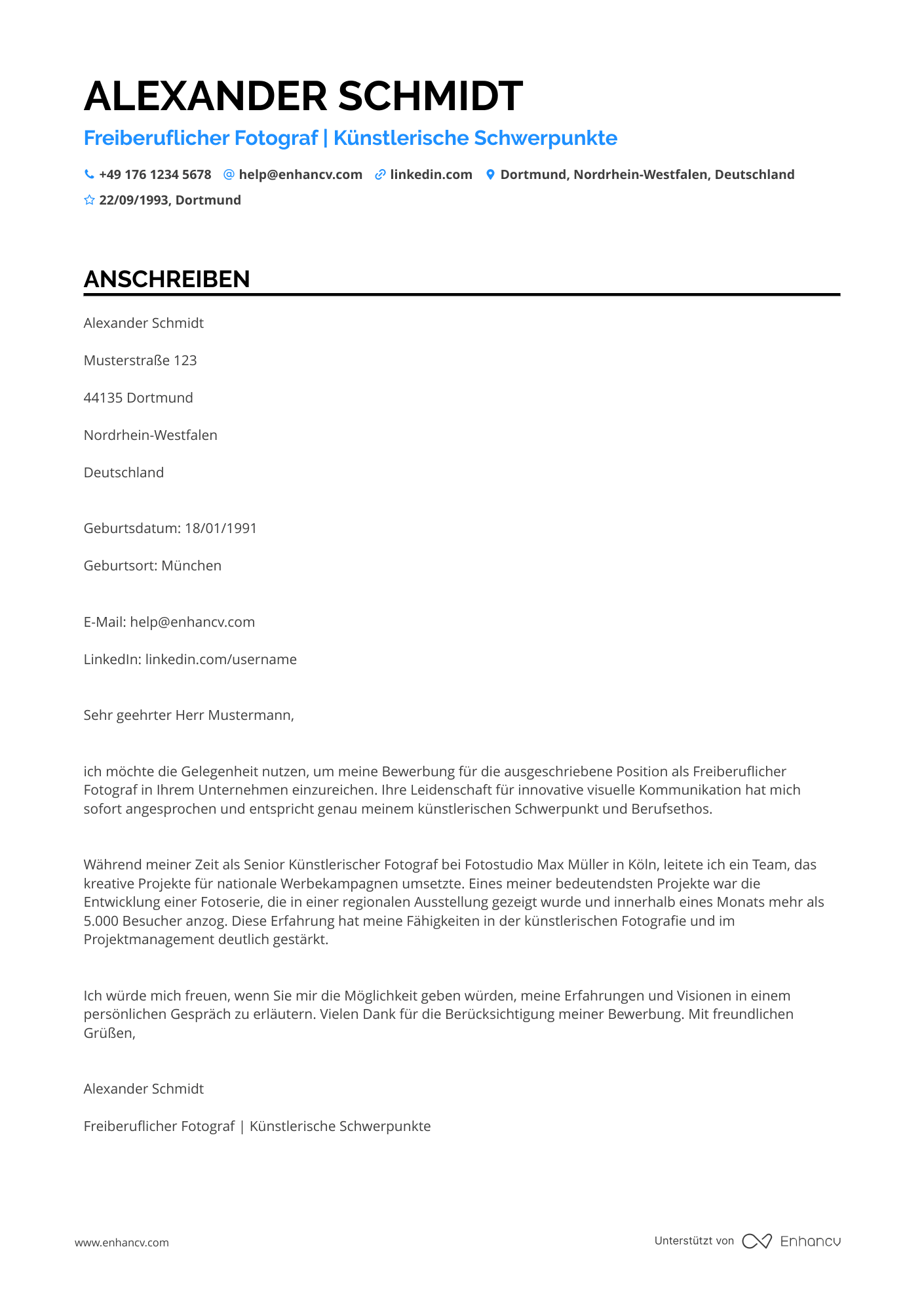 Künstlerischer Fotograf Resume Example