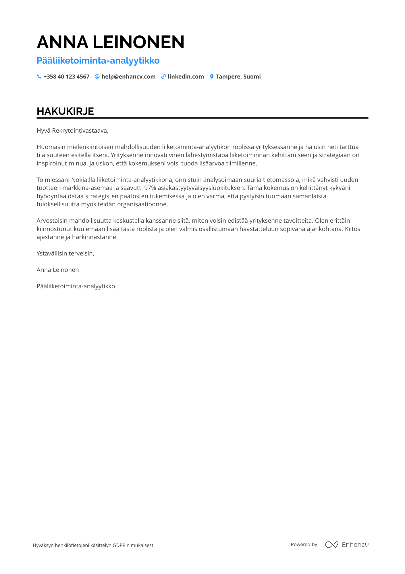 Hakukirje Pääliiketoiminta analyytikko Resume Example