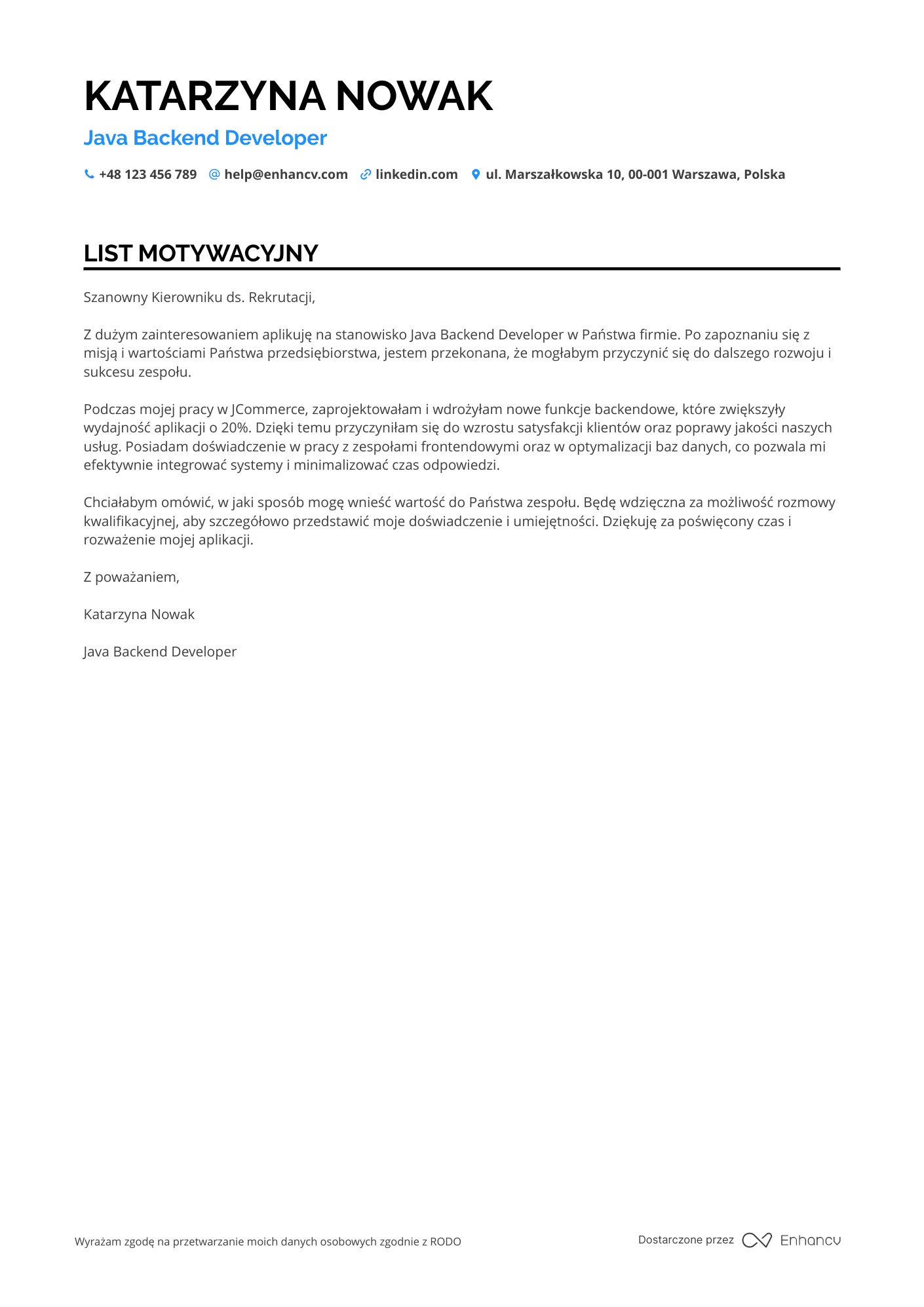List motywacyjny dla Java Backend Developer Resume Example