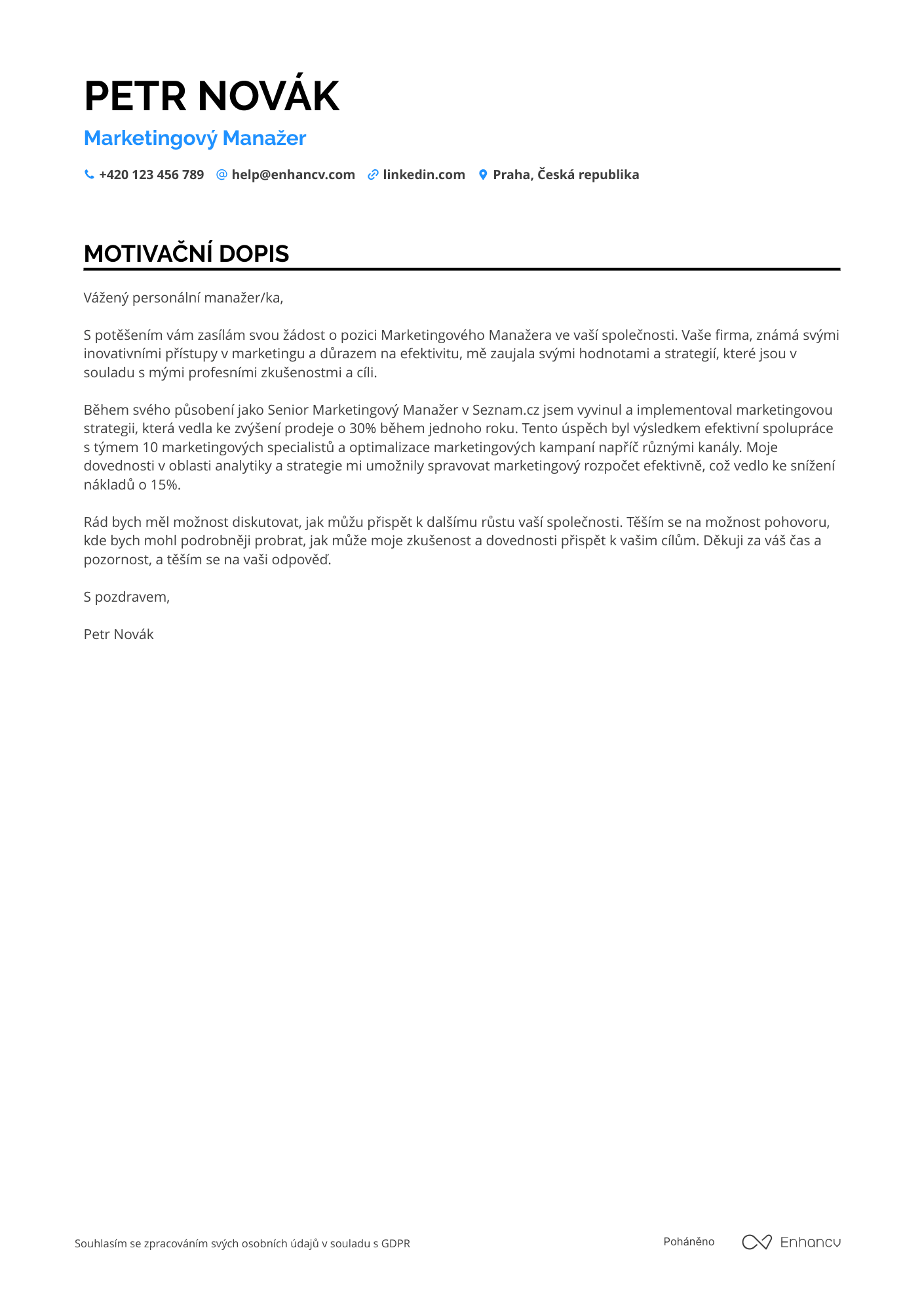 Motivační dopis pro Manažer marketingu Resume Example