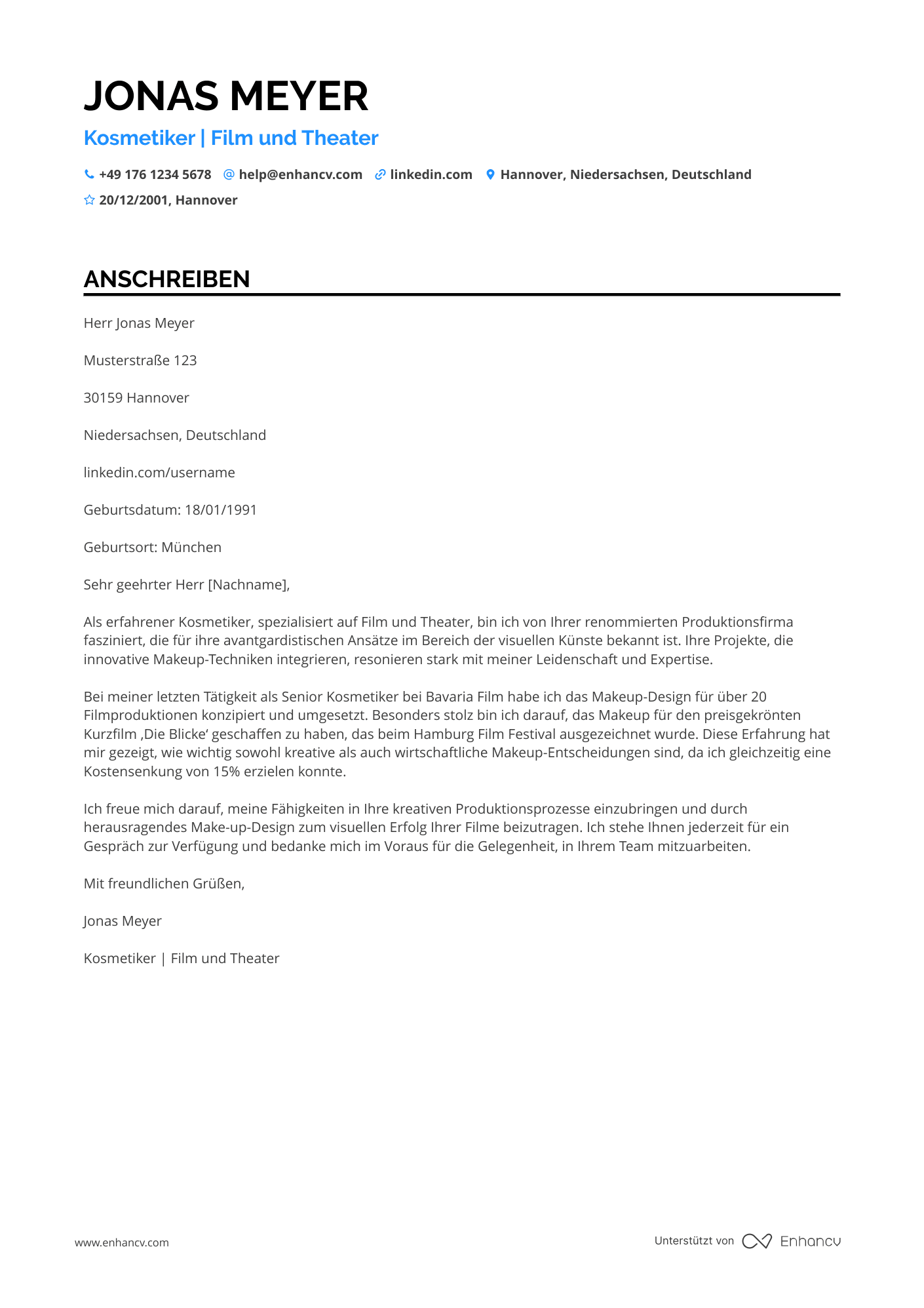 Kosmetikerin in der Filmindustrie Resume Example