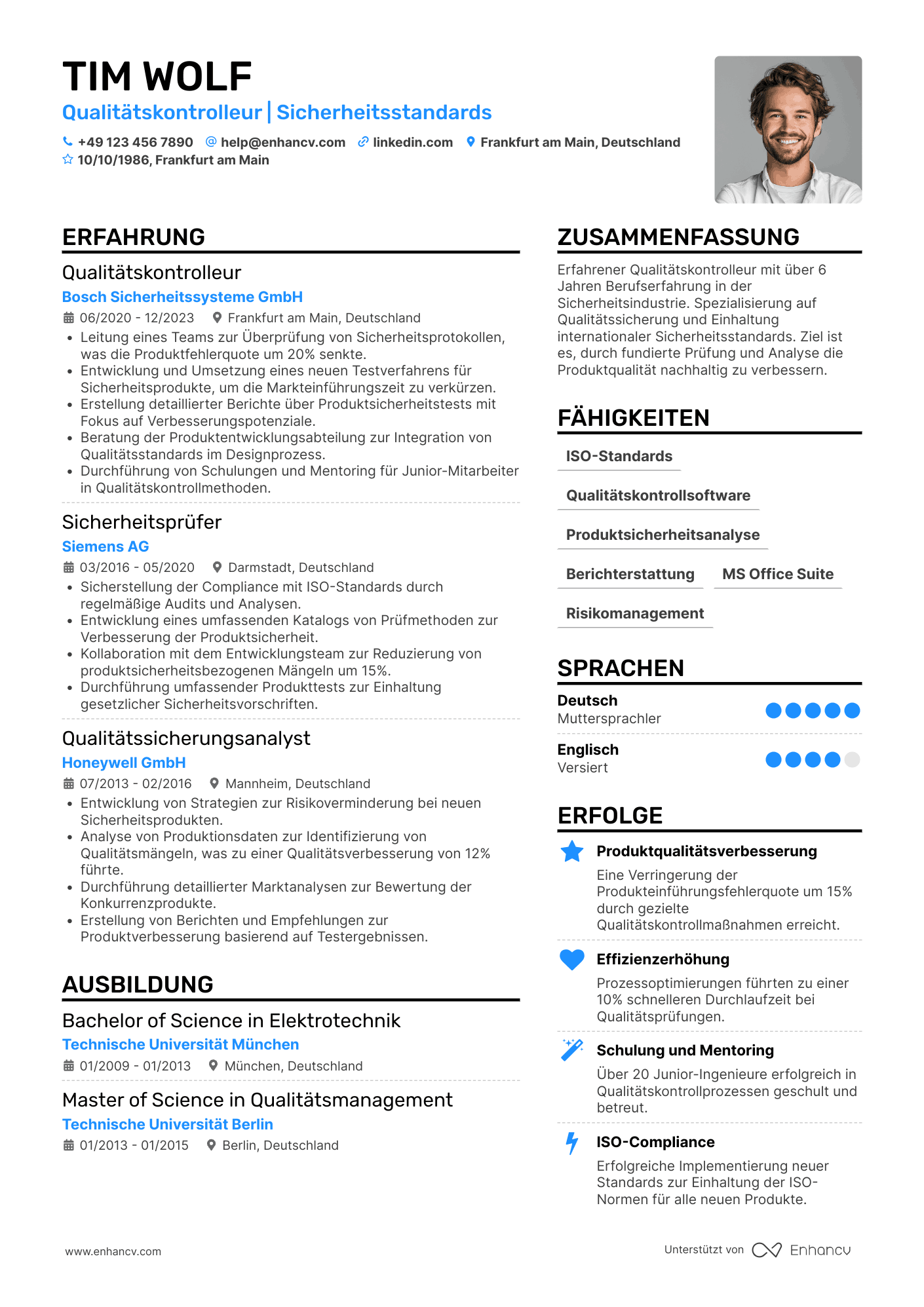 Lebenslauf als Qualitätskontrolleur für Sicherheitsstandards Resume Example