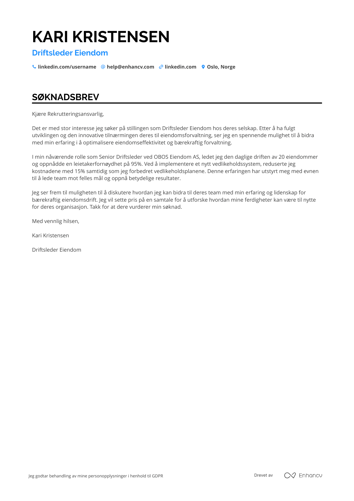 Søknadsbrev for Driftsleder Eiendom Resume Example