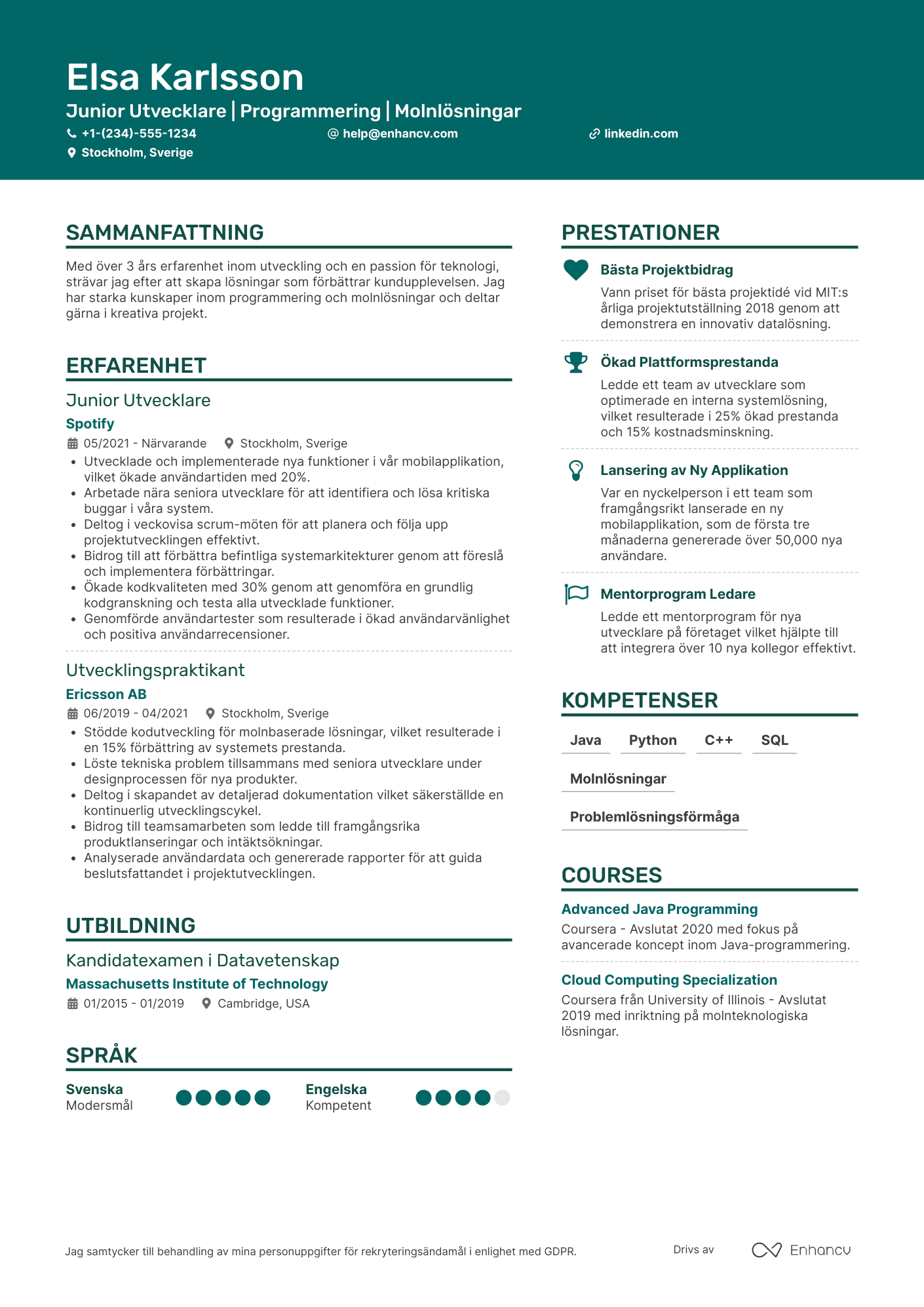 CV för Junior Utvecklare på Amazon Resume Example