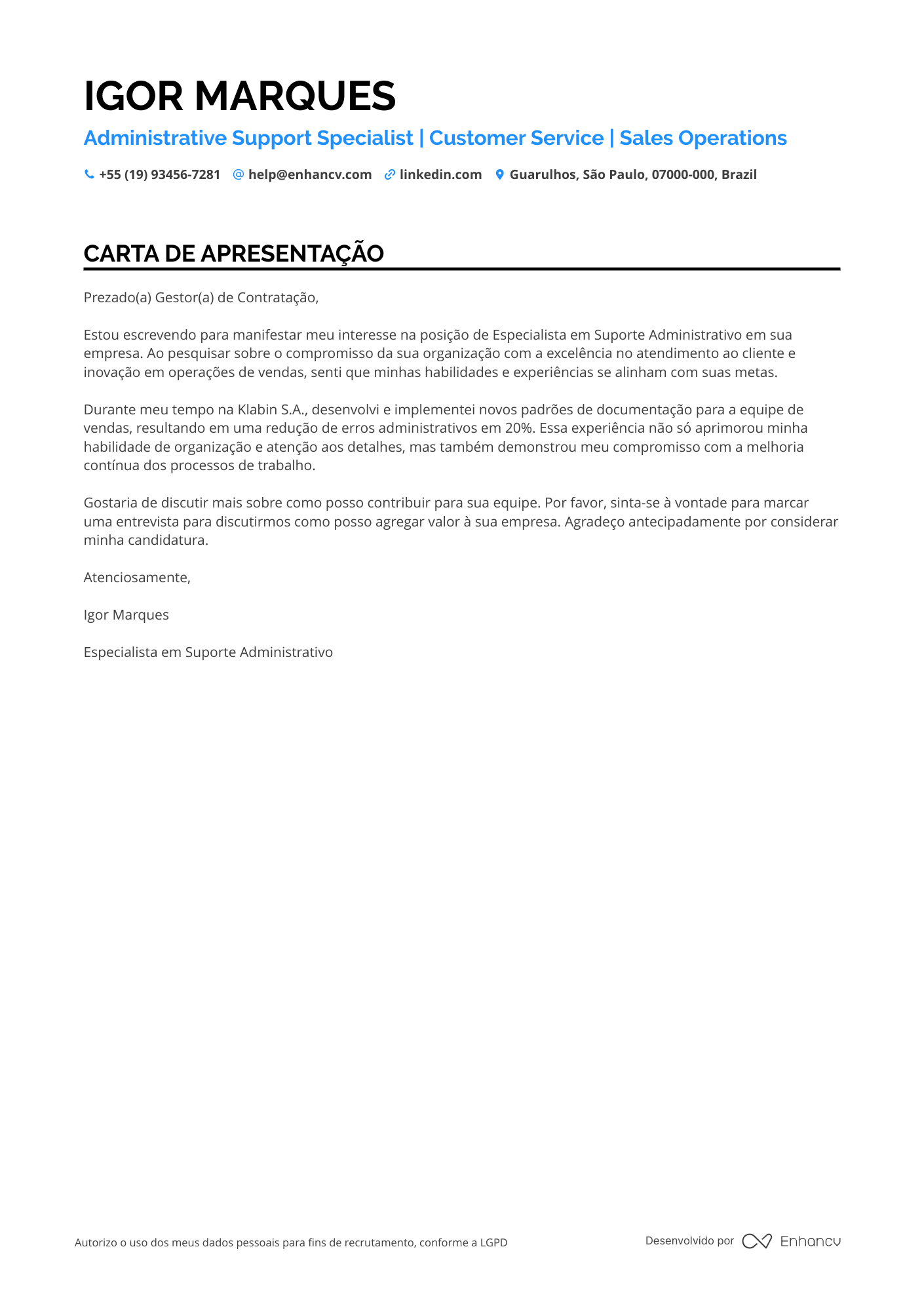 Auxiliar Administrativo de Atendimento ao Cliente Resume Example