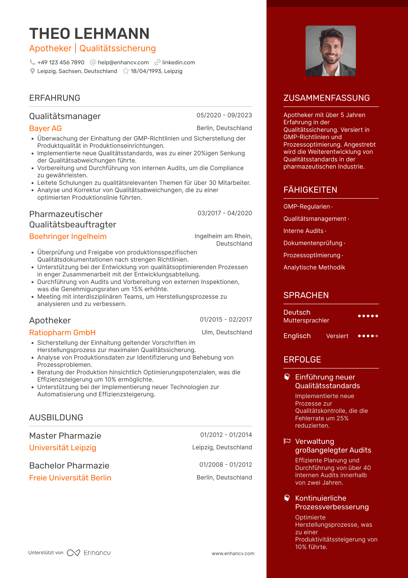 Lebenslauf als Apotheker in der Qualitätssicherung Resume Example