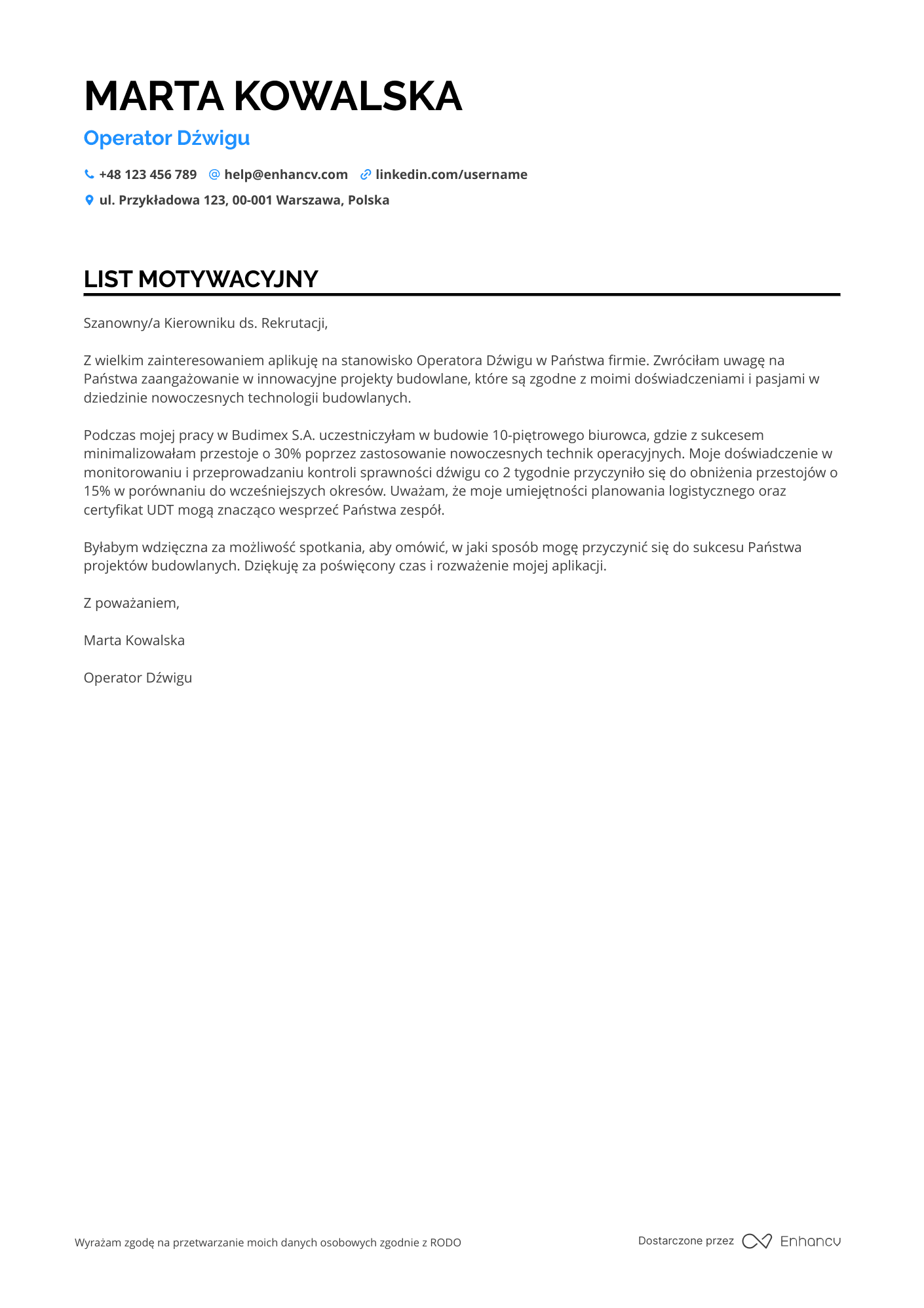 List motywacyjny dla Pracownik Budowlany Operator Dźwigu Resume Example