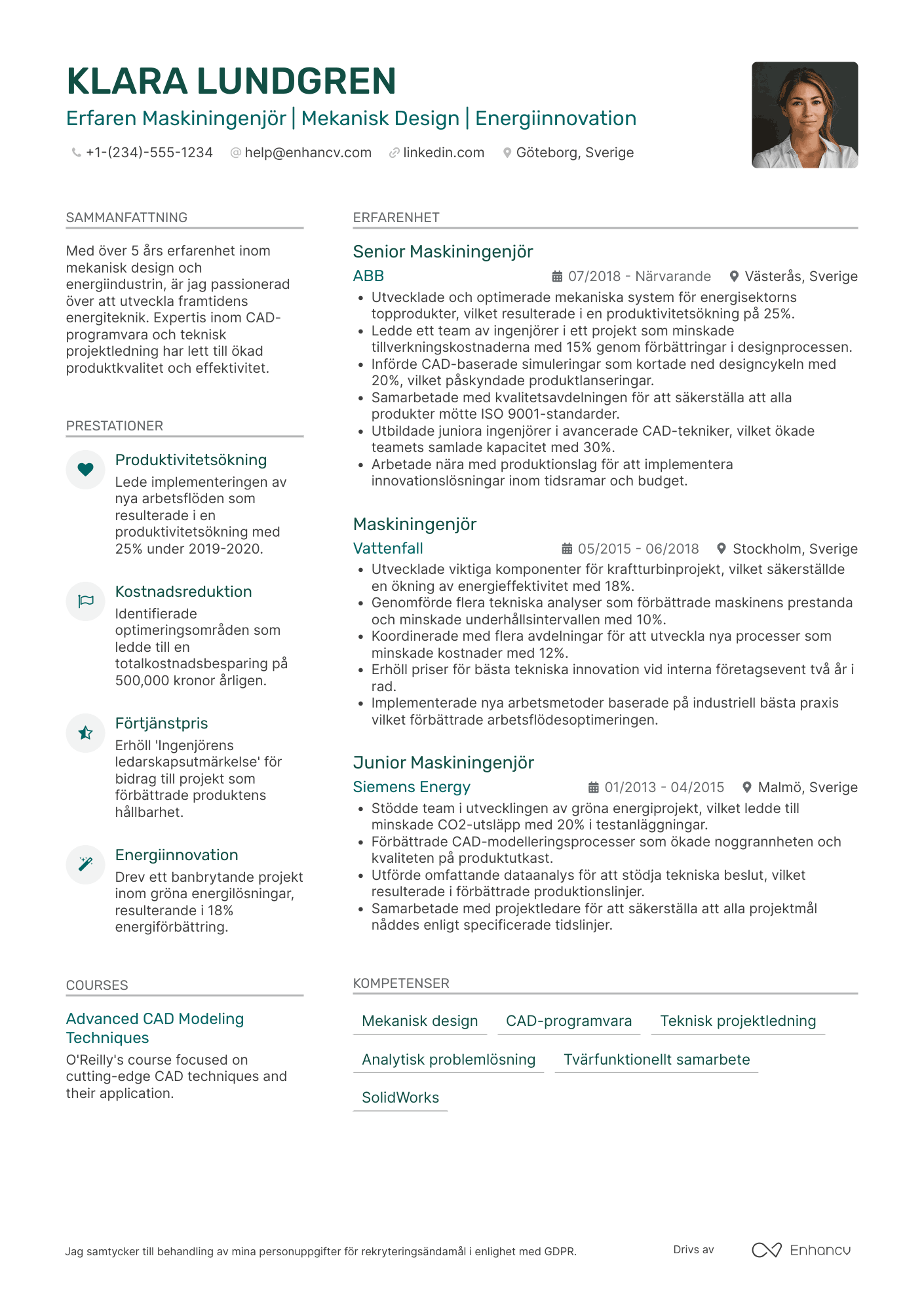 CV för Energiindustrin Maskiningenjör Resume Example