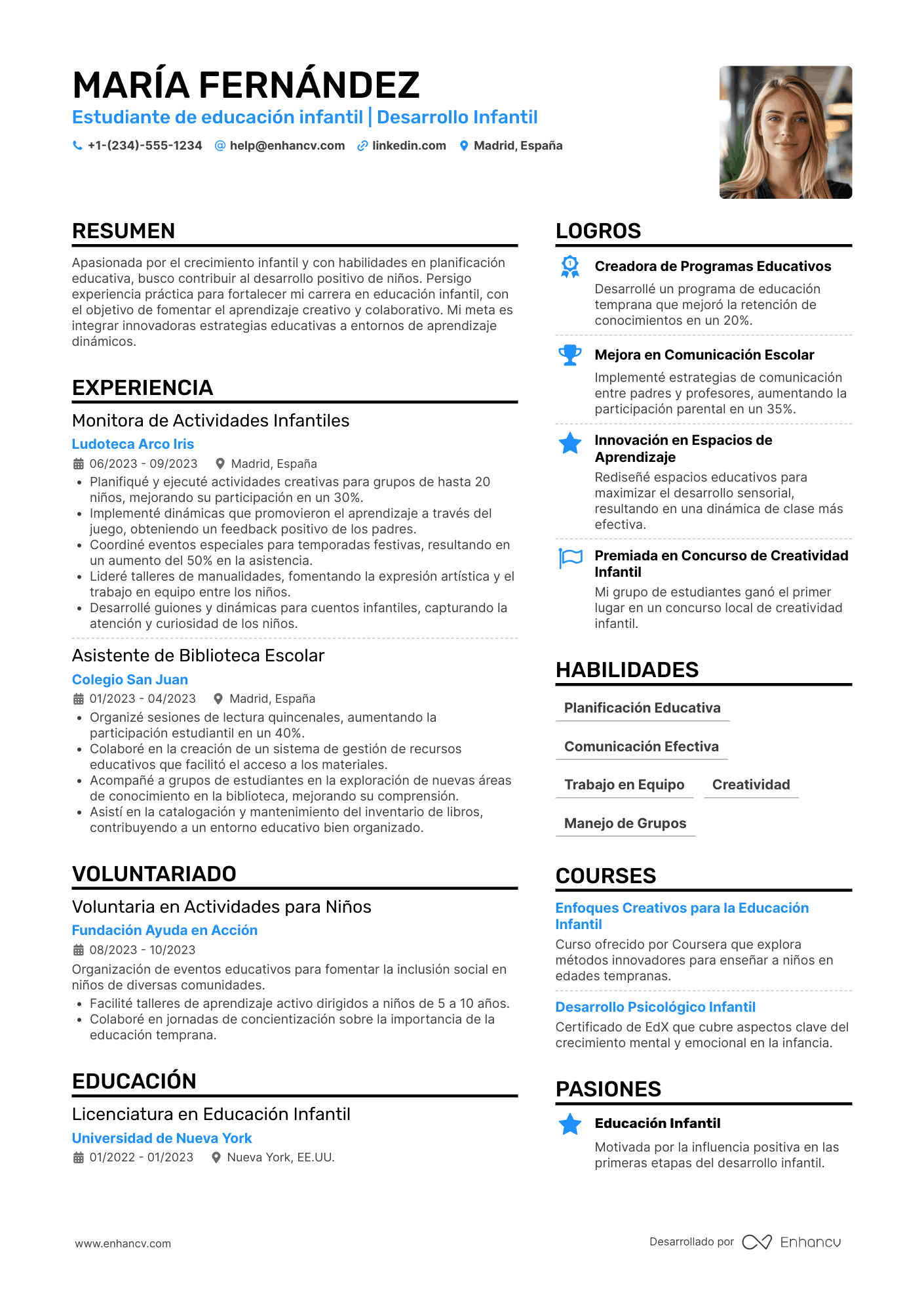 Ejemplo de currículum de estudiante para educadora infantil Resume Example