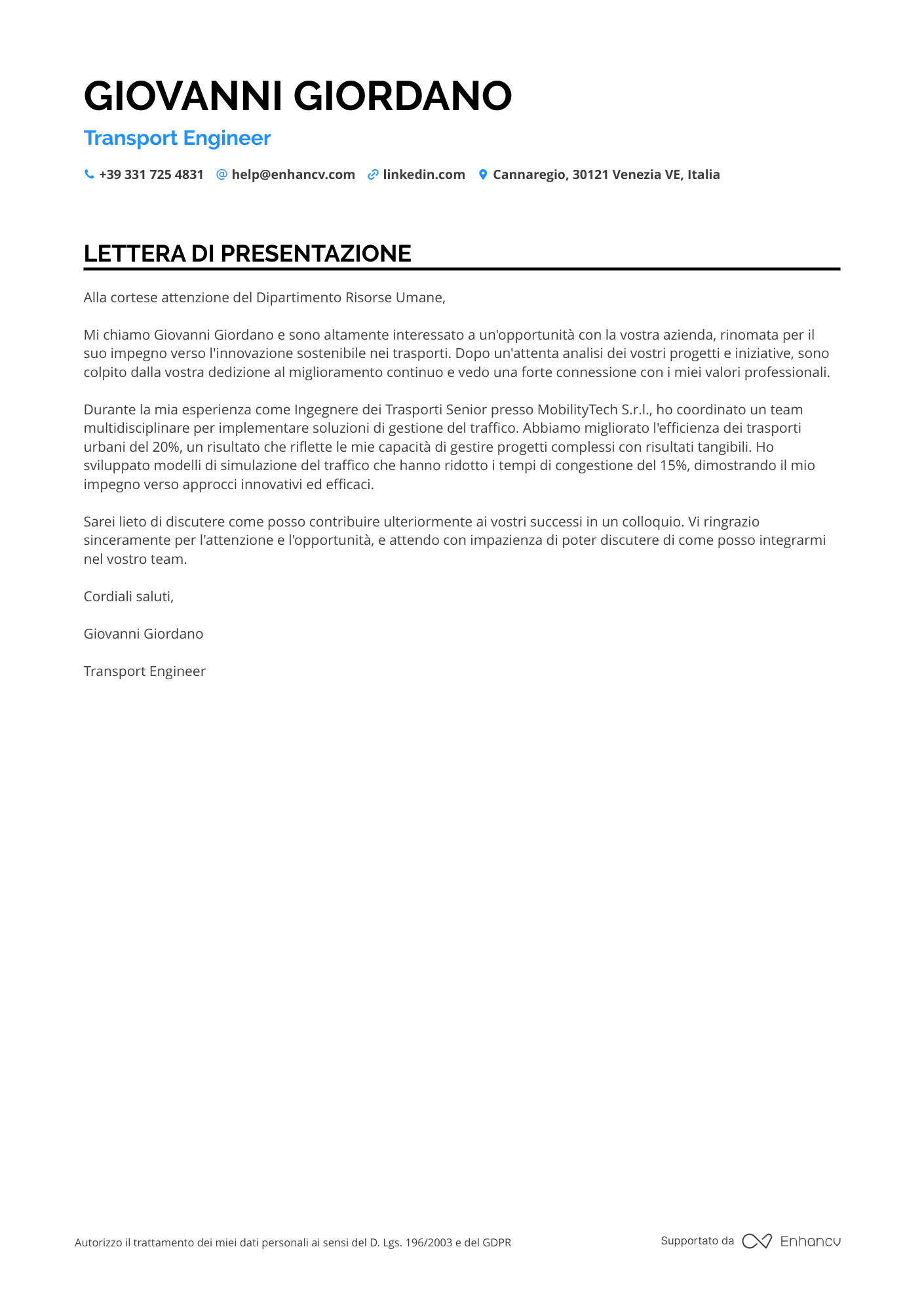 Ingegnere Civile per Progetti di Trasporto Resume Example