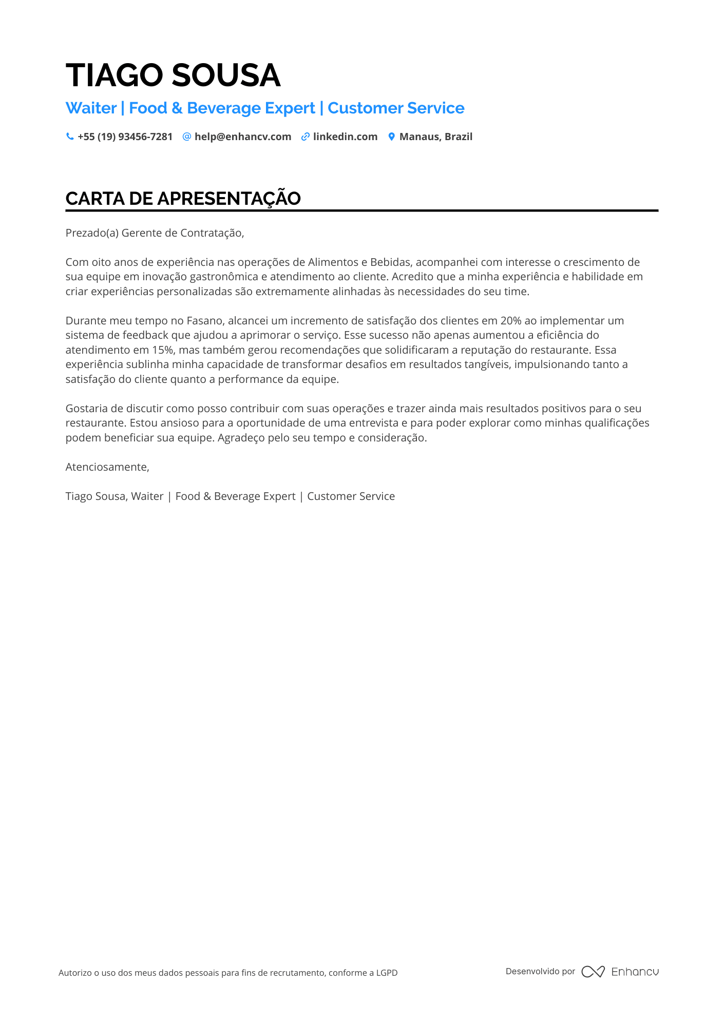 Garçom de Restaurante de Luxo Resume Example