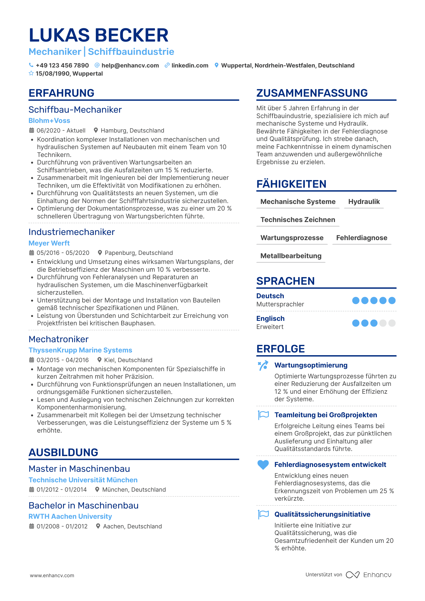 Lebenslauf in Schiffbauindustrie Mechaniker Resume Example
