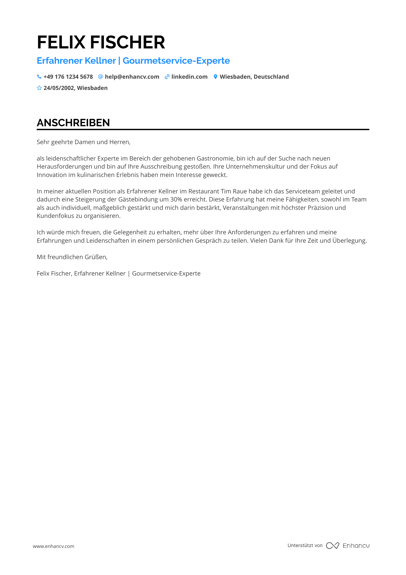 Erfahrener Kellner Resume Example