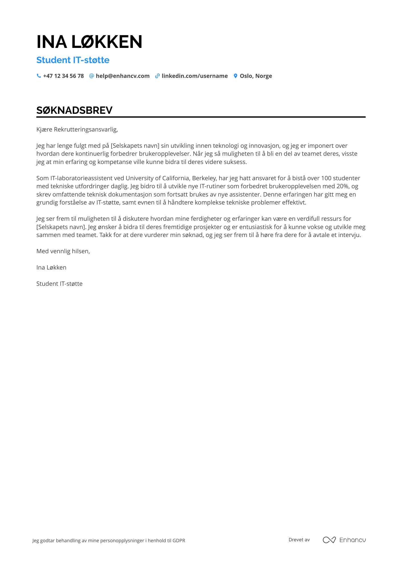 Søknadsbrev for Student IT støtte Resume Example