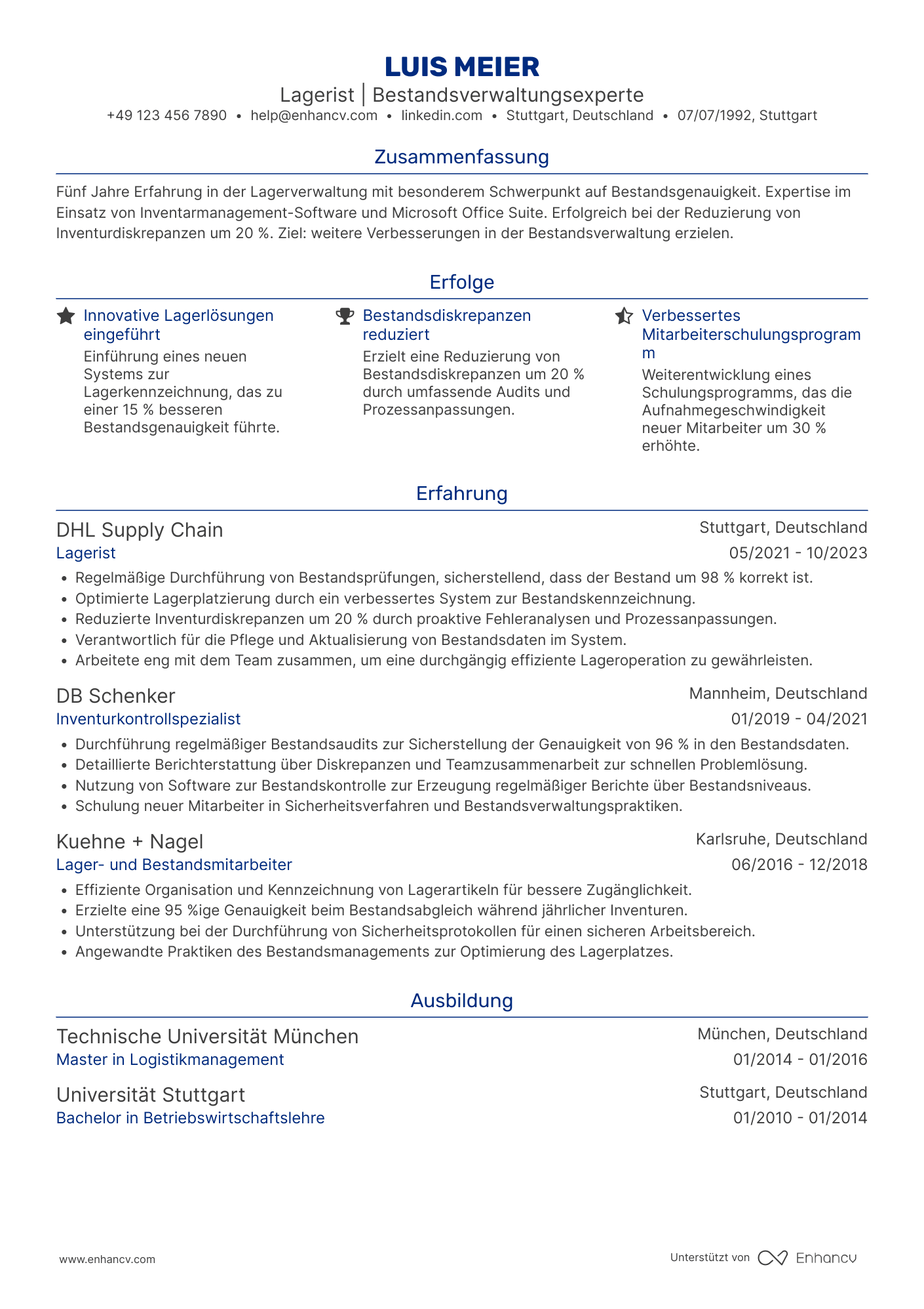 Lebenslauf als Lagerist für Inventur Resume Example