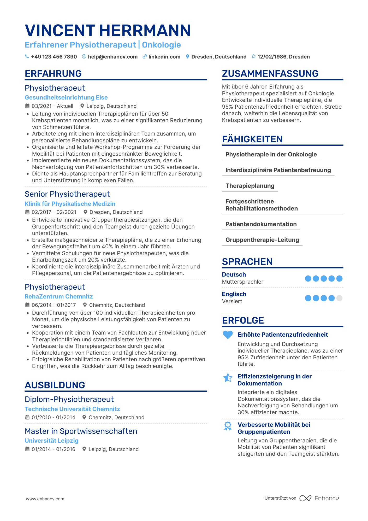 Lebenslauf als Physiotherapeut in der Onkologie Resume Example