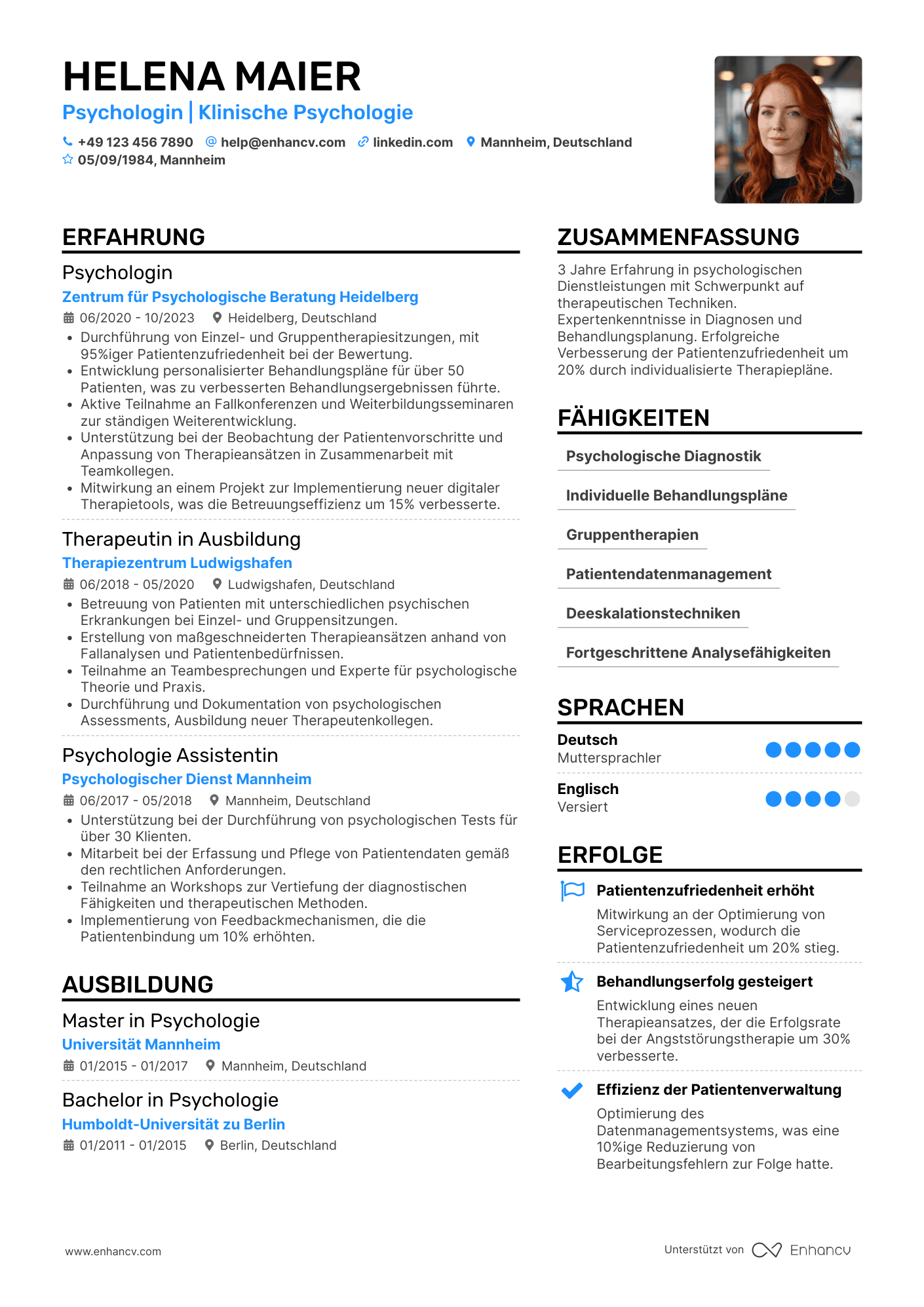 Lebenslauf als Einsteiger Psychologe Resume Example