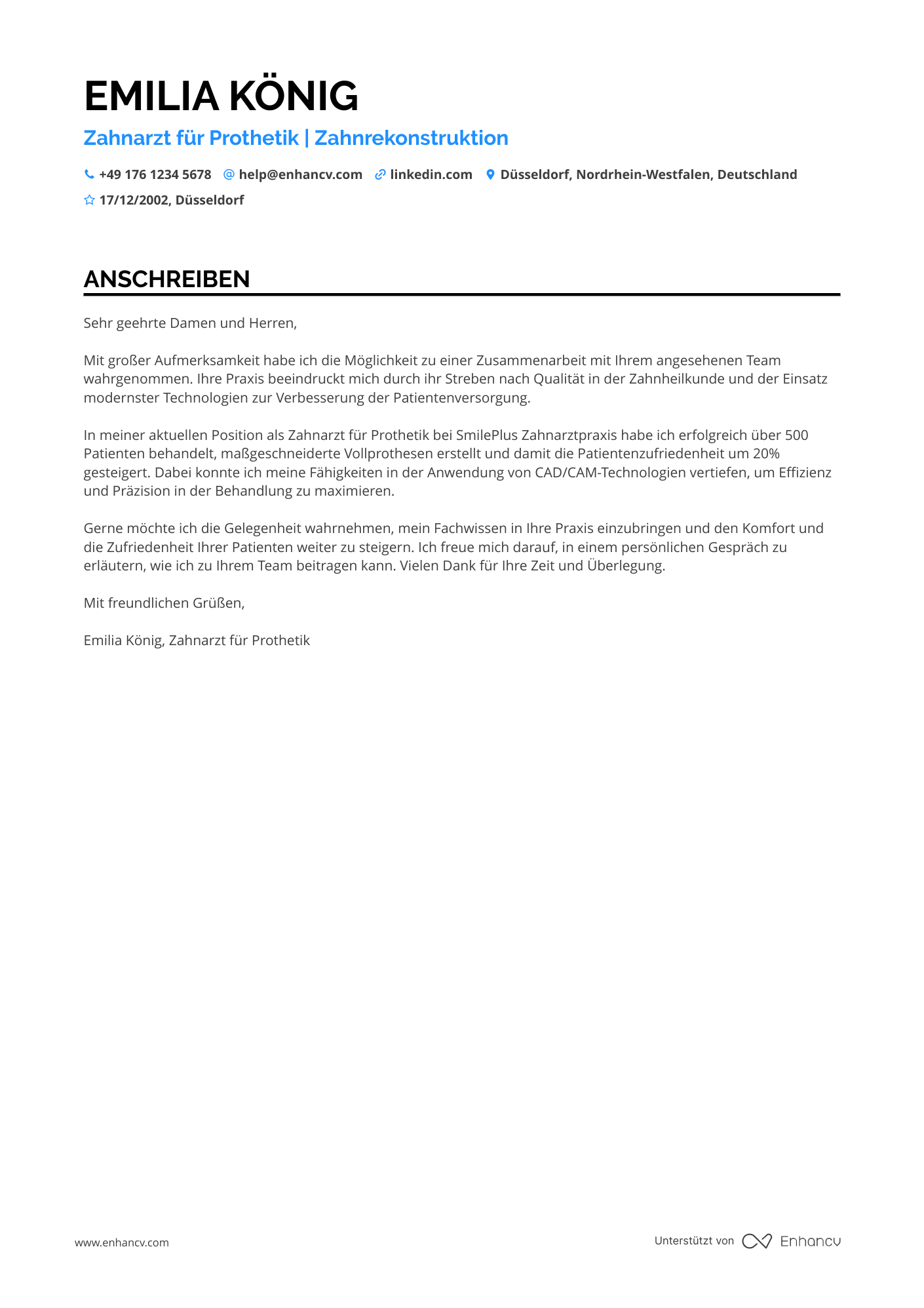 Zahnarzt für Prothetik Resume Example