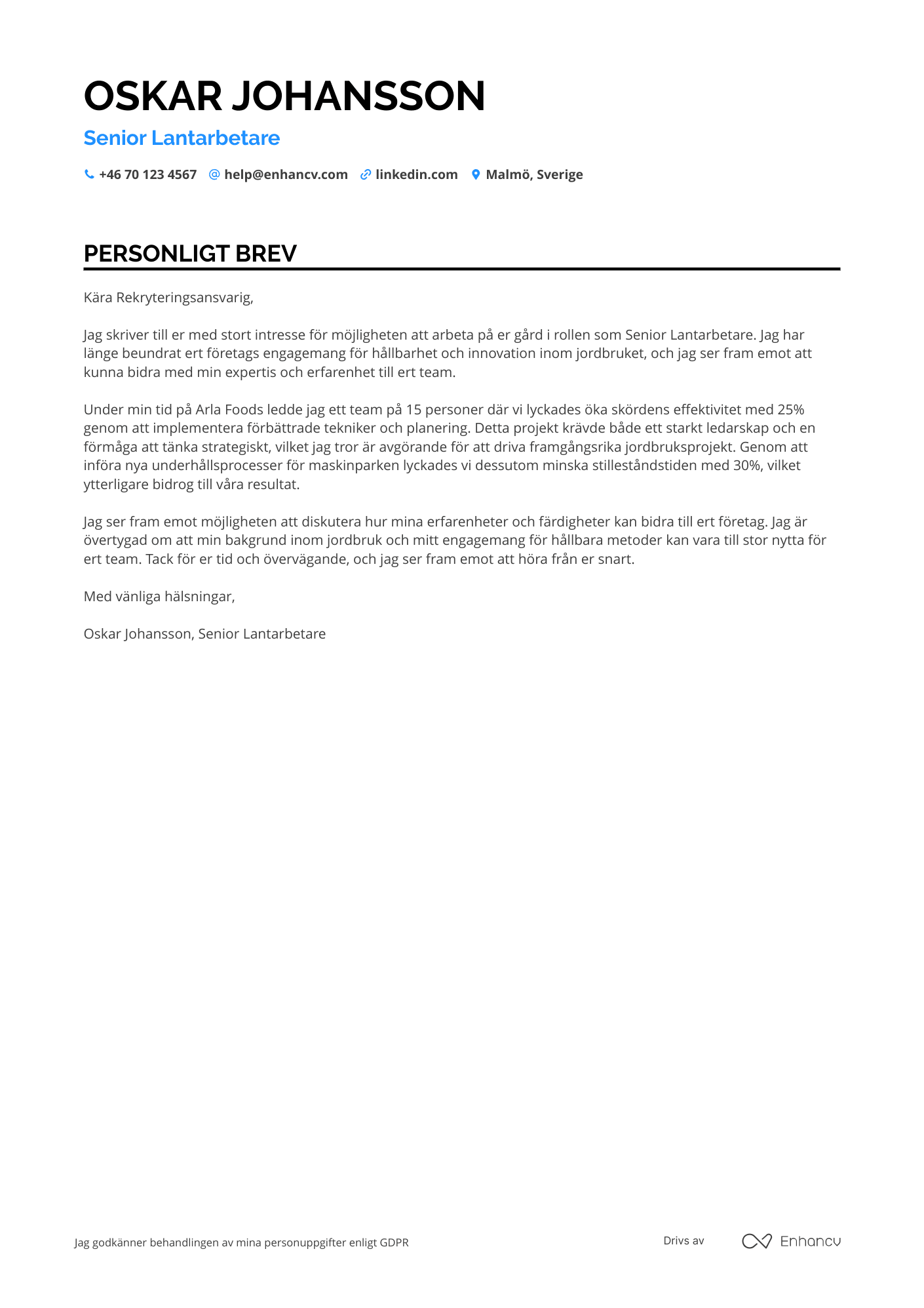 Personligt brev för Senior Lantarbetare Resume Example