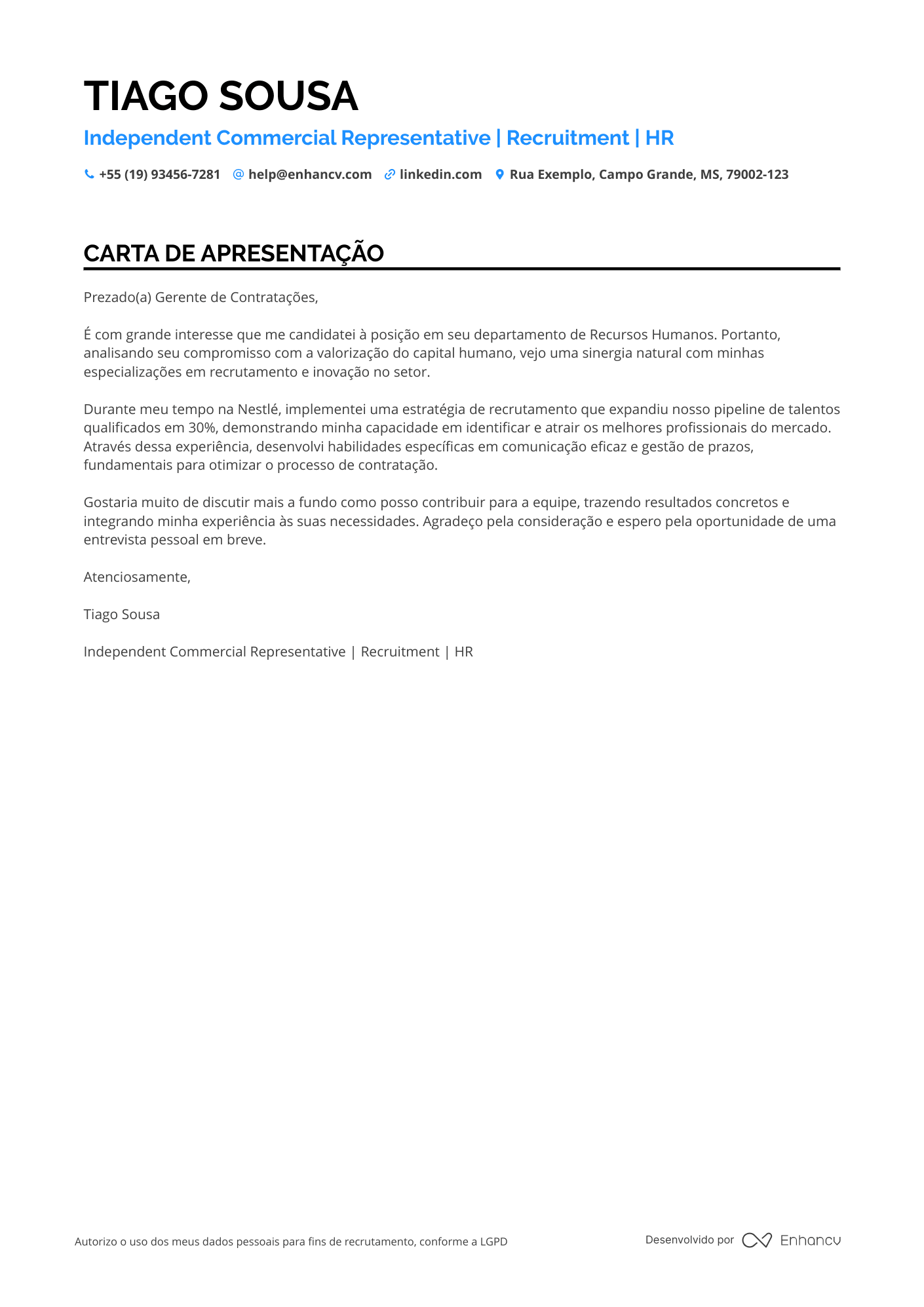 Analista de RH em Vendas Resume Example
