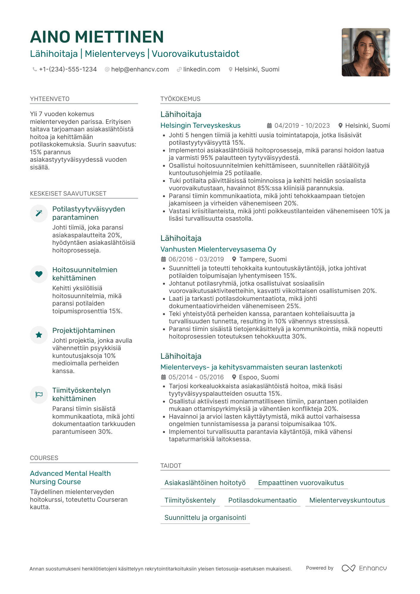 Ansioluettelo Lähihoitaja mielenterveyspalveluissa Resume Example