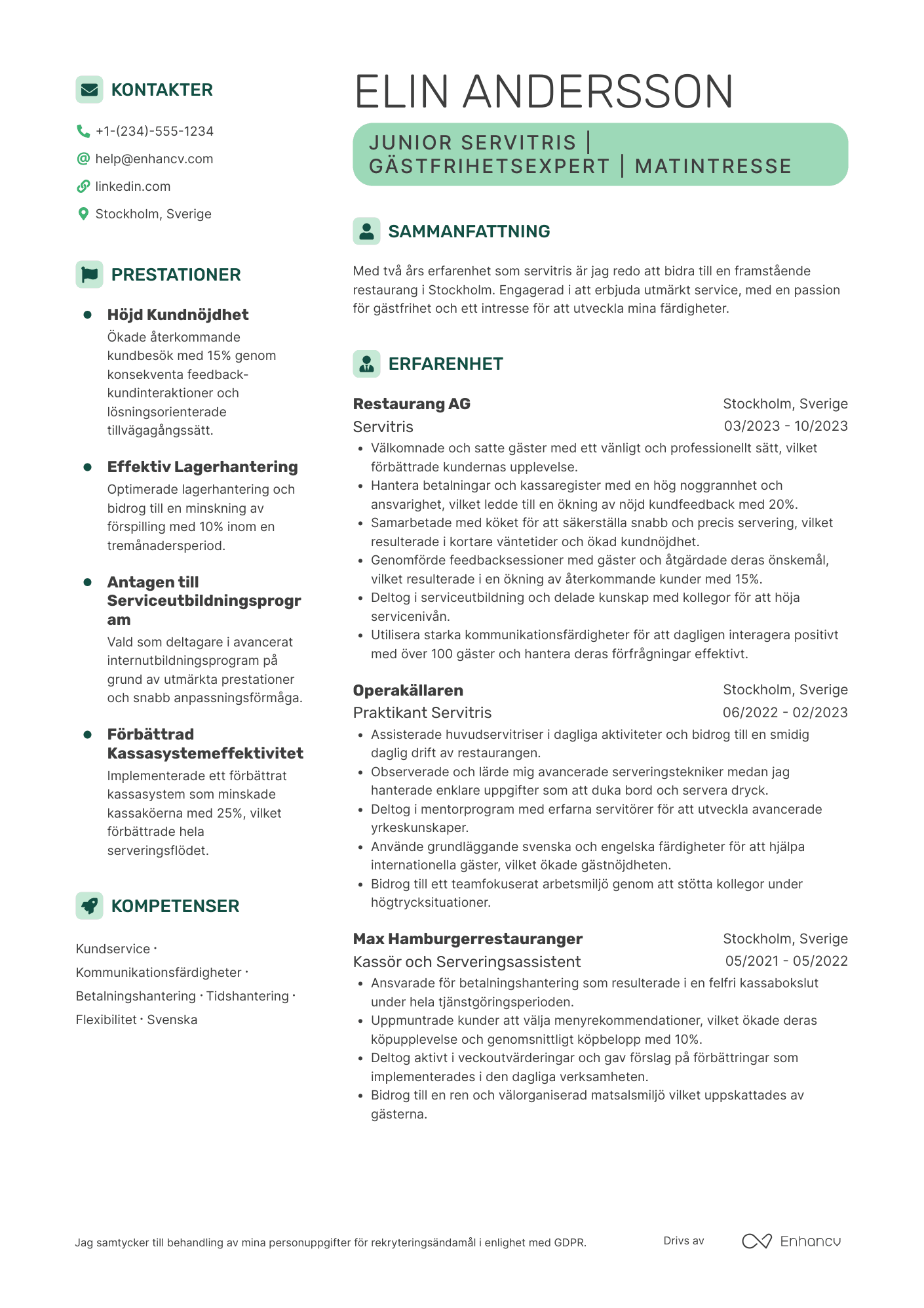 CV för Junior Servitris Resume Example