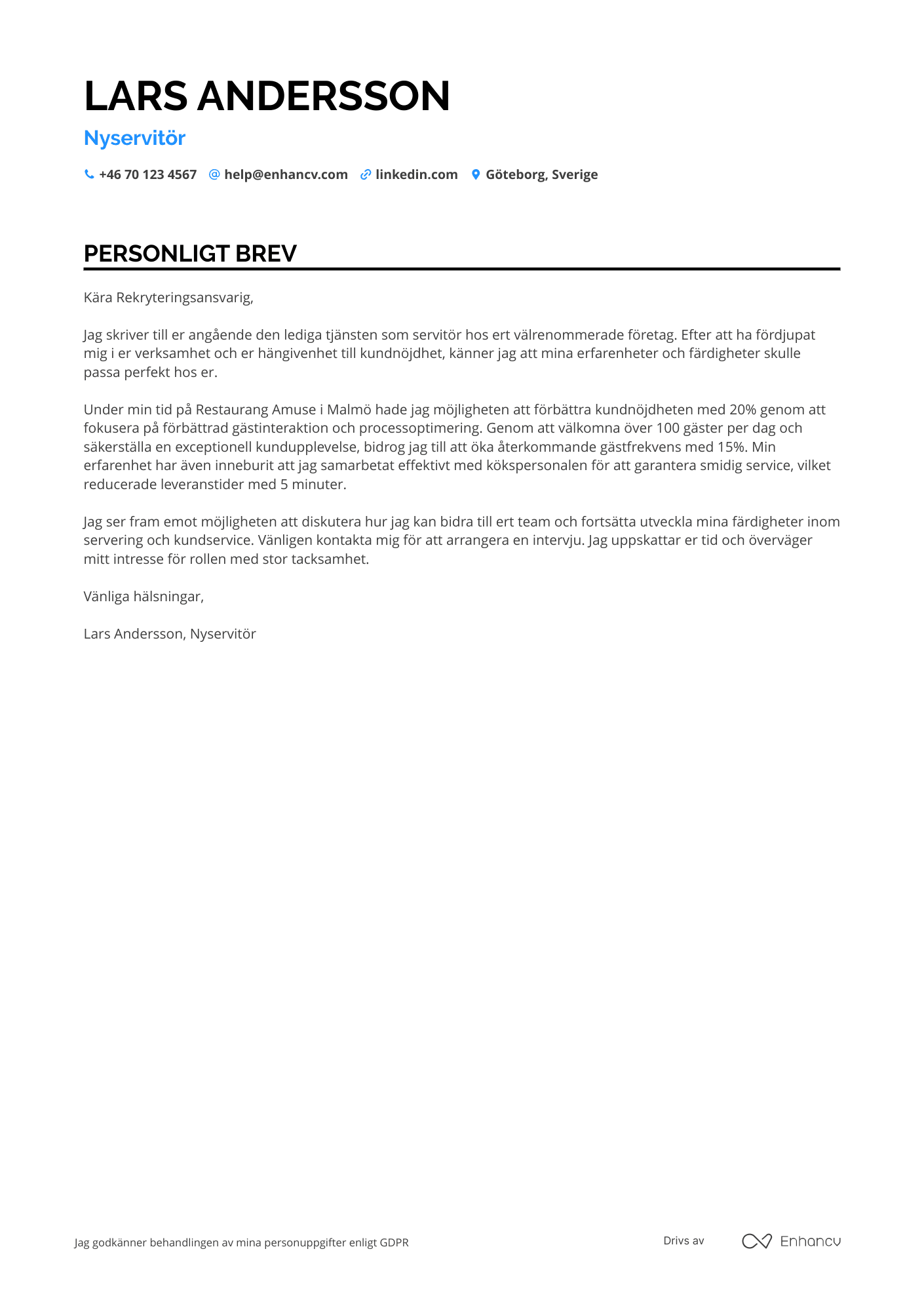 Personligt brev för Nyservitör Resume Example