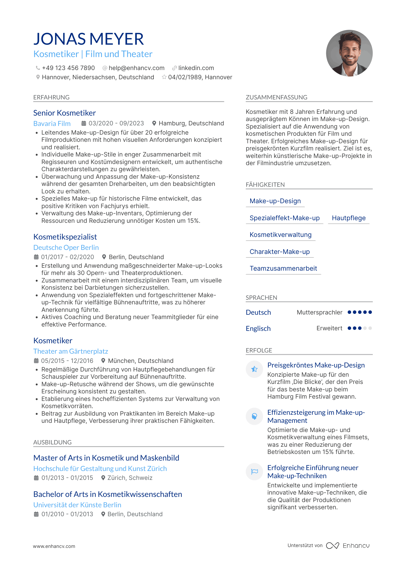 Lebenslauf in Kosmetikerin in der Filmindustrie Resume Example