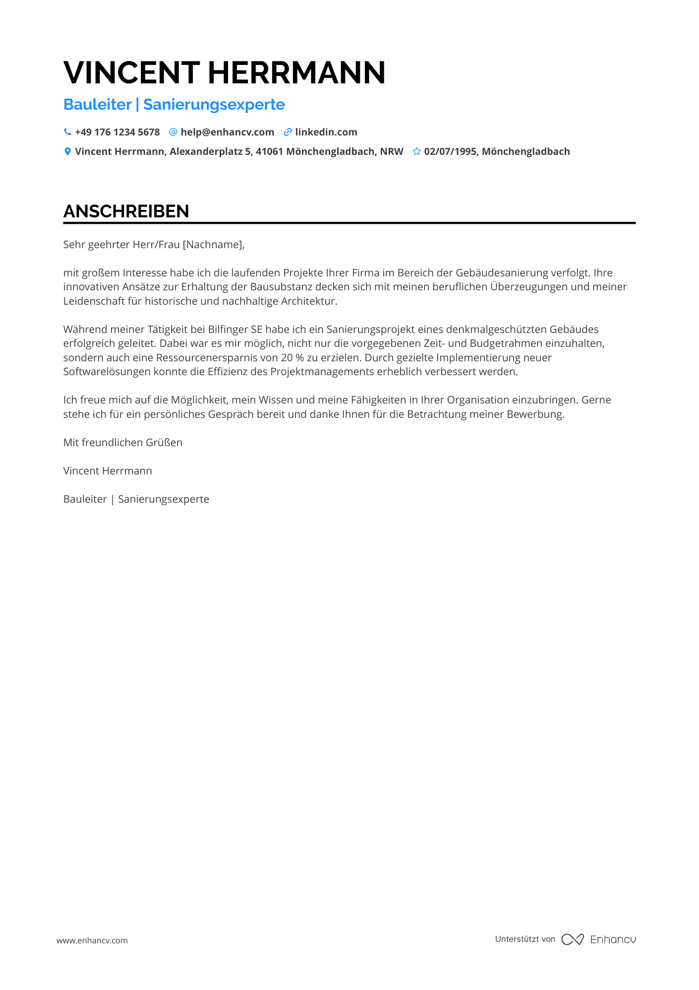 Bauleiter für Sanierung Resume Example