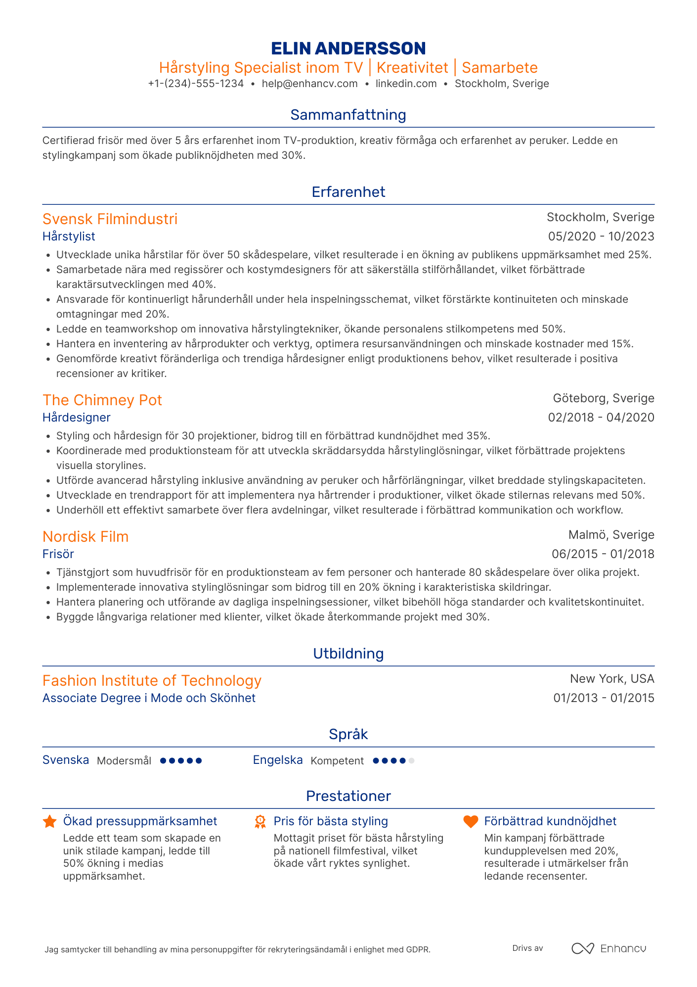 CV för Hårfrisör Specialist inom TV Resume Example