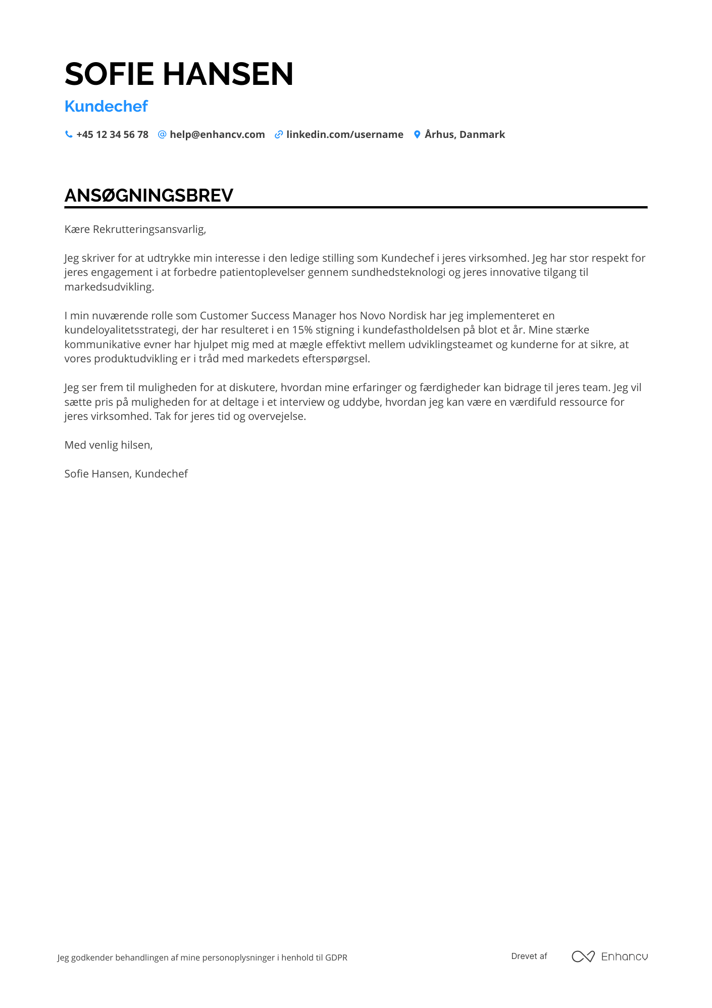 Ansøgningsbrev til Kundechef i sundhedssektoren Resume Example