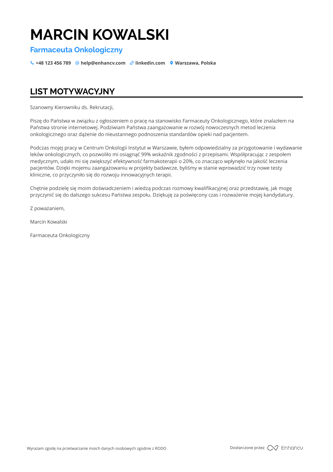 List motywacyjny dla Farmaceuta Onkologiczny Resume Example