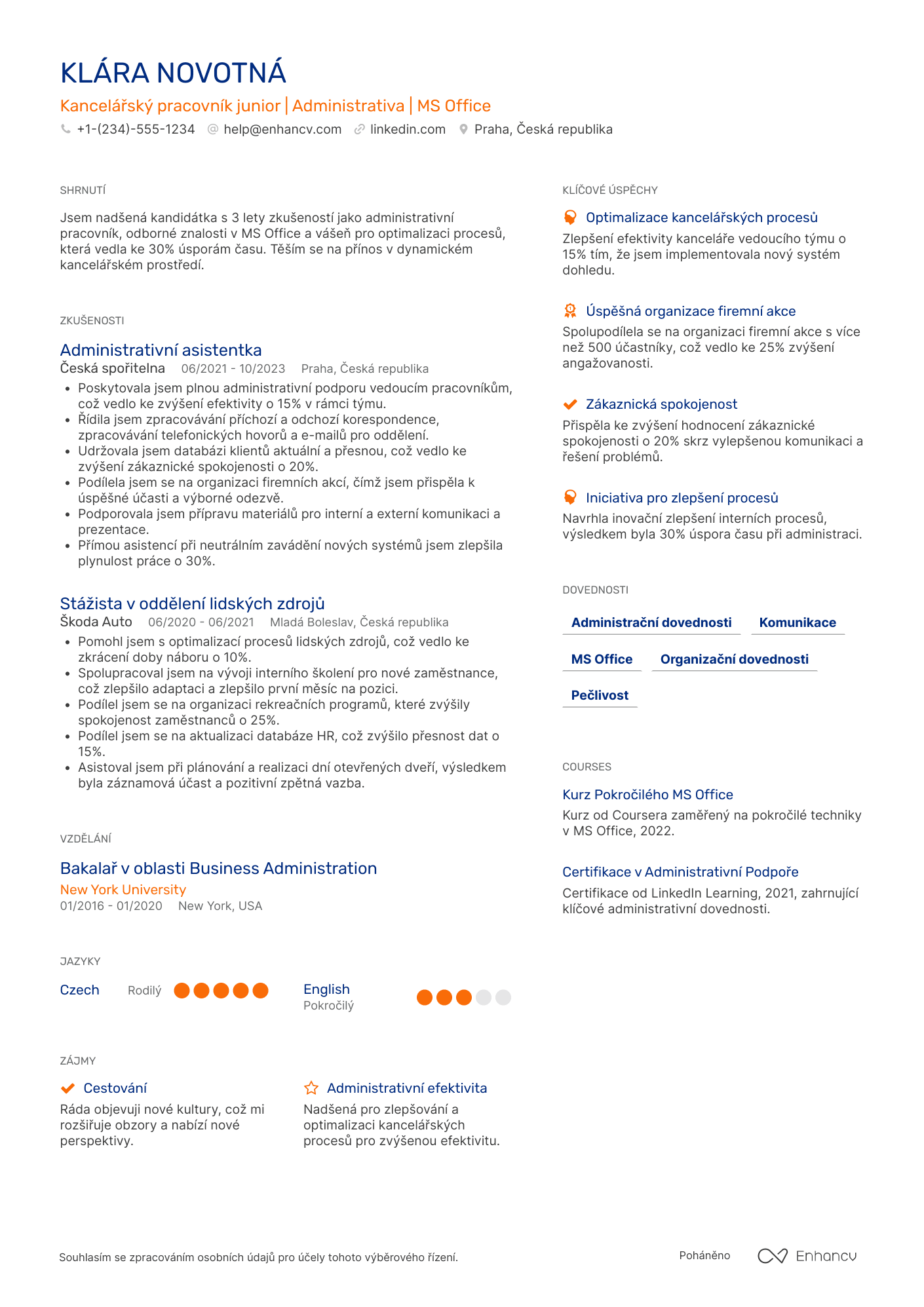 Životopis pro Kancelářský pracovník junior Resume Example
