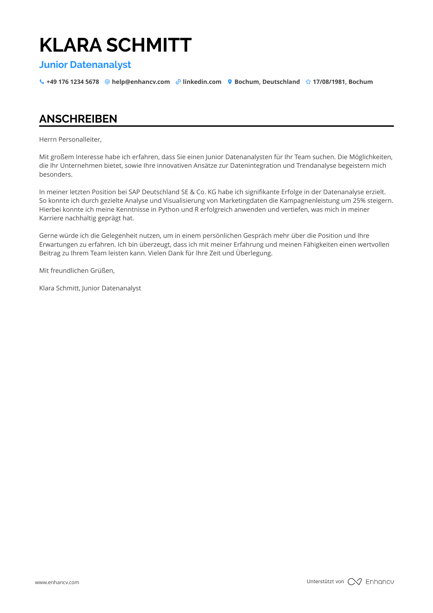Junior Datenwissenschaftler Resume Example