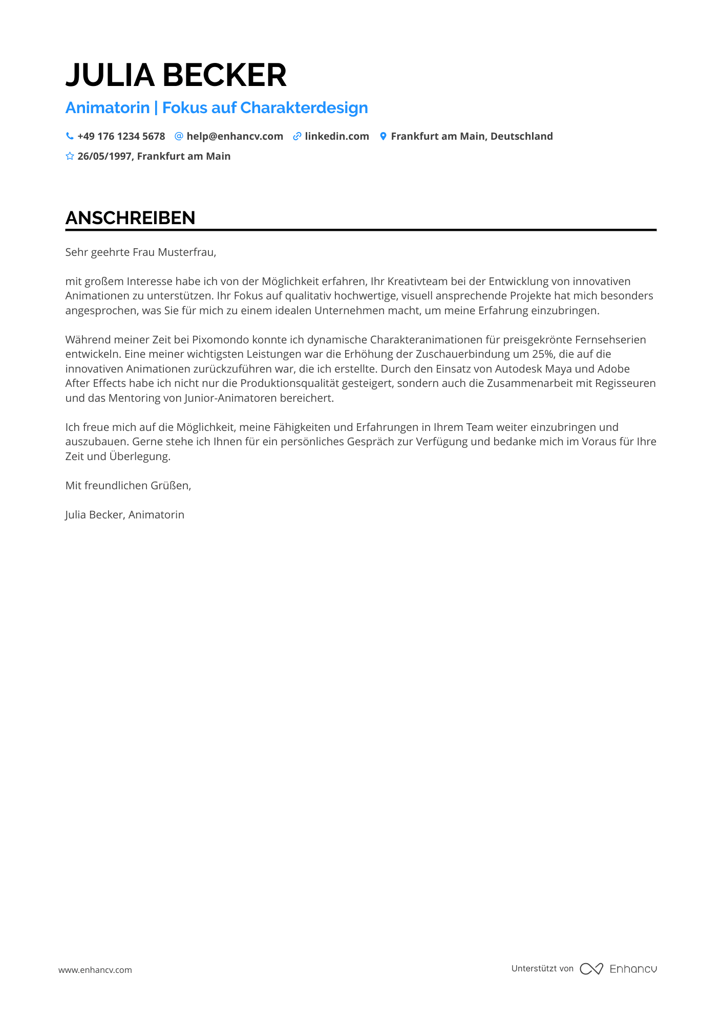 Künstlerischer Animator Resume Example