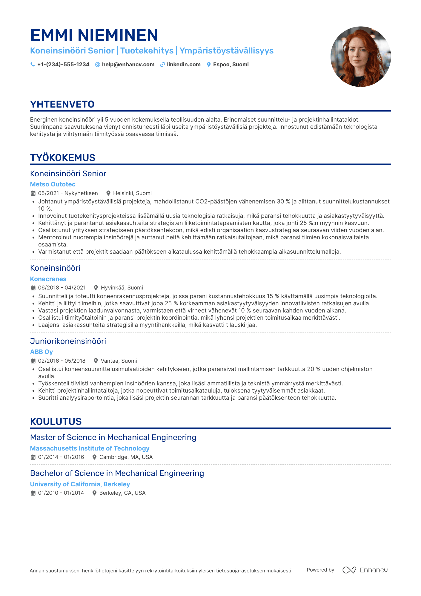 Ansioluettelo Koneinsinööri Senior Resume Example