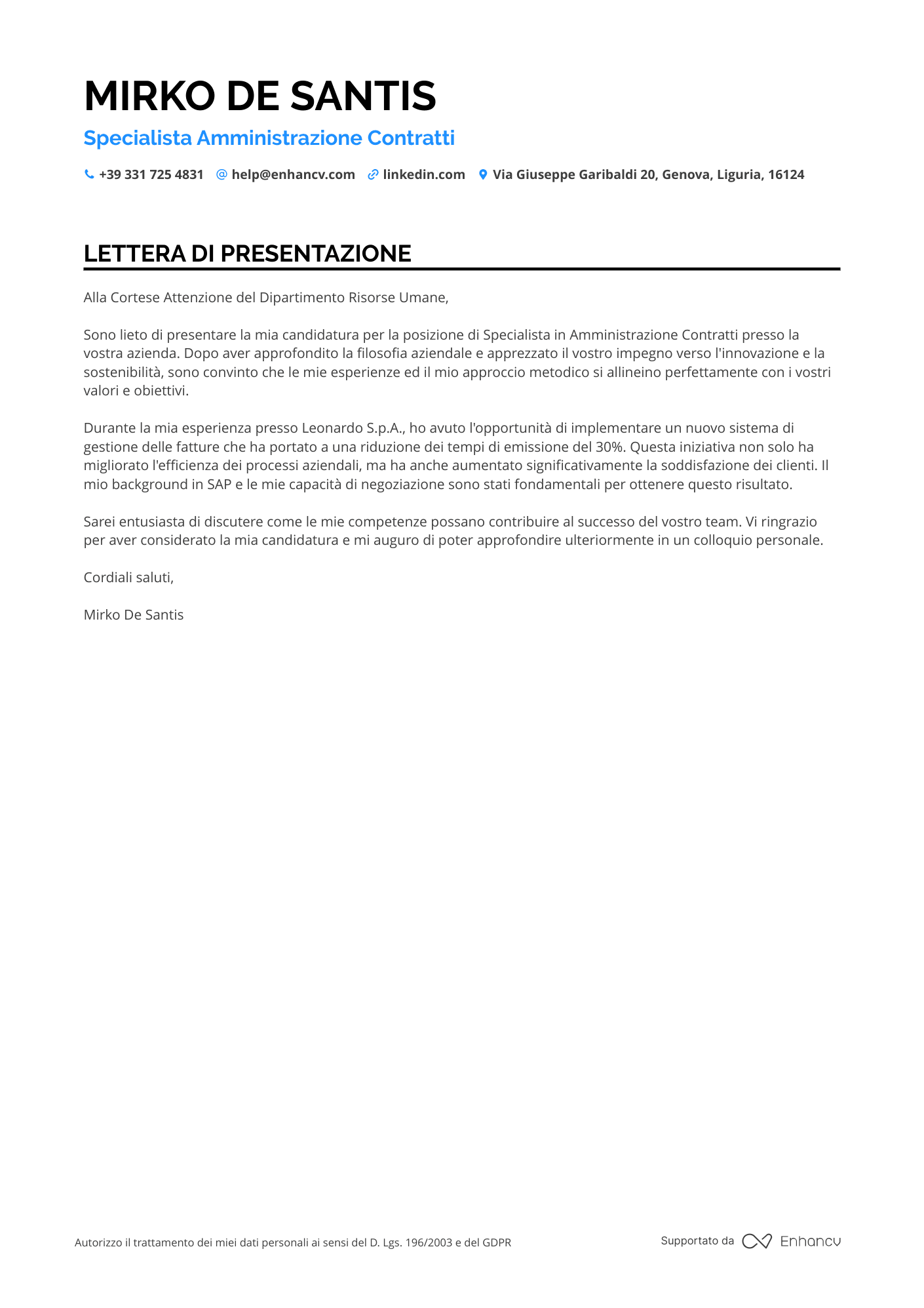 Impiegato Amministrativo nel Settore Finanziario Resume Example