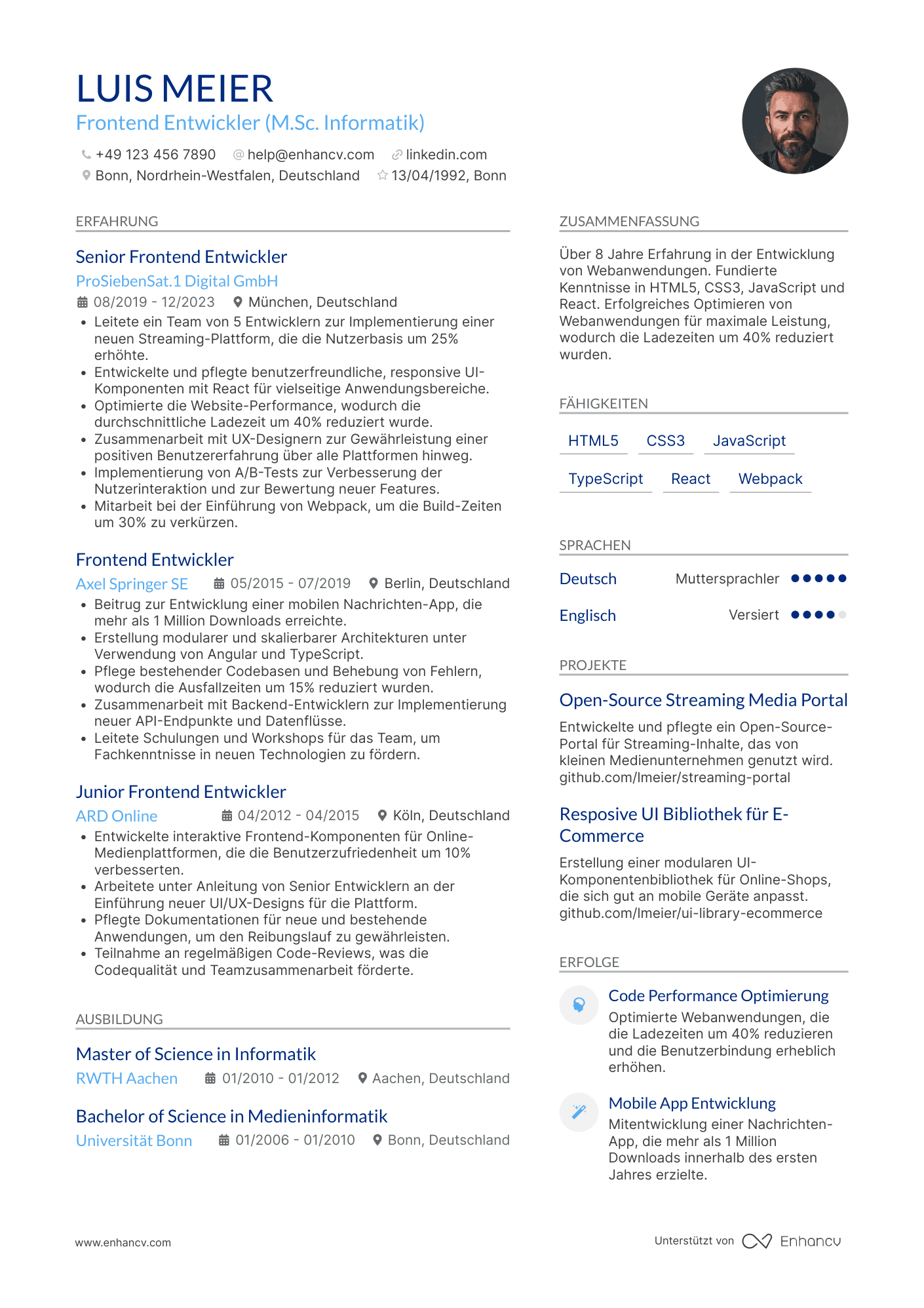 Lebenslauf in Frontend Entwickler in der Medienbranche Resume Example