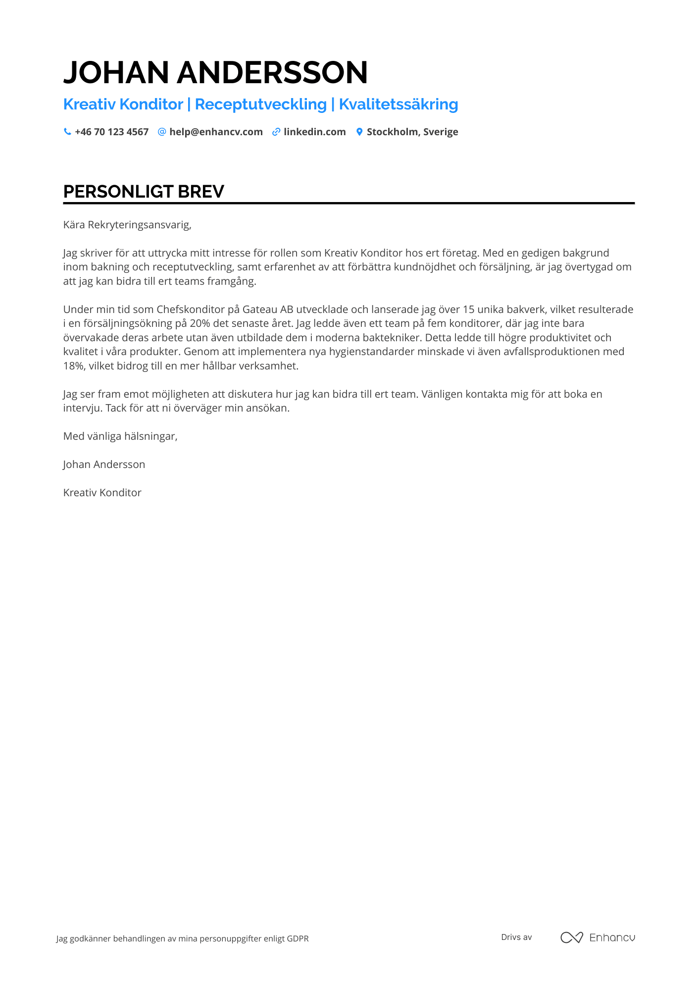 Personligt brev för Kreativ Konditor Resume Example