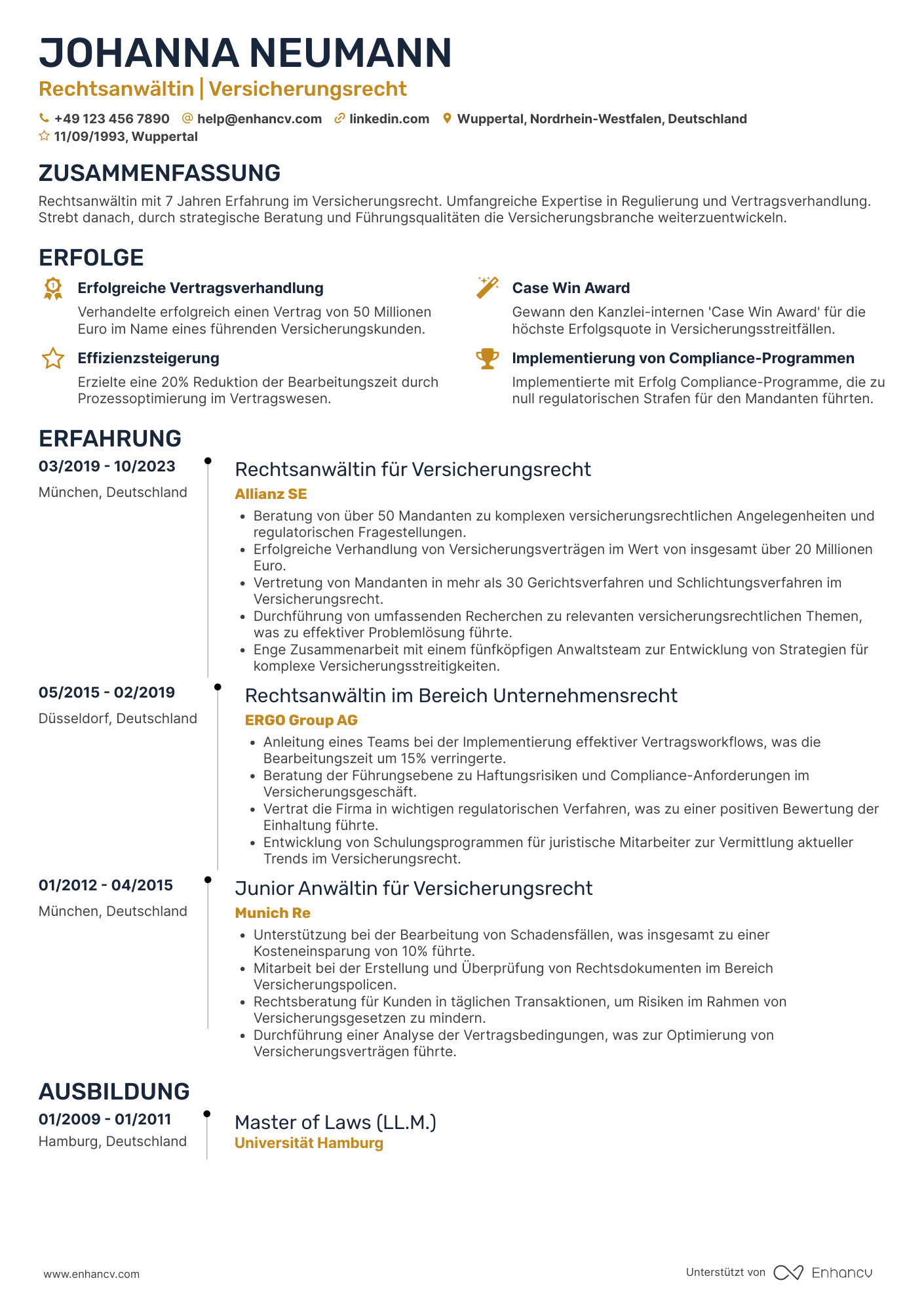 Lebenslauf in Rechtsanwalt für Versicherungsindustrie Resume Example