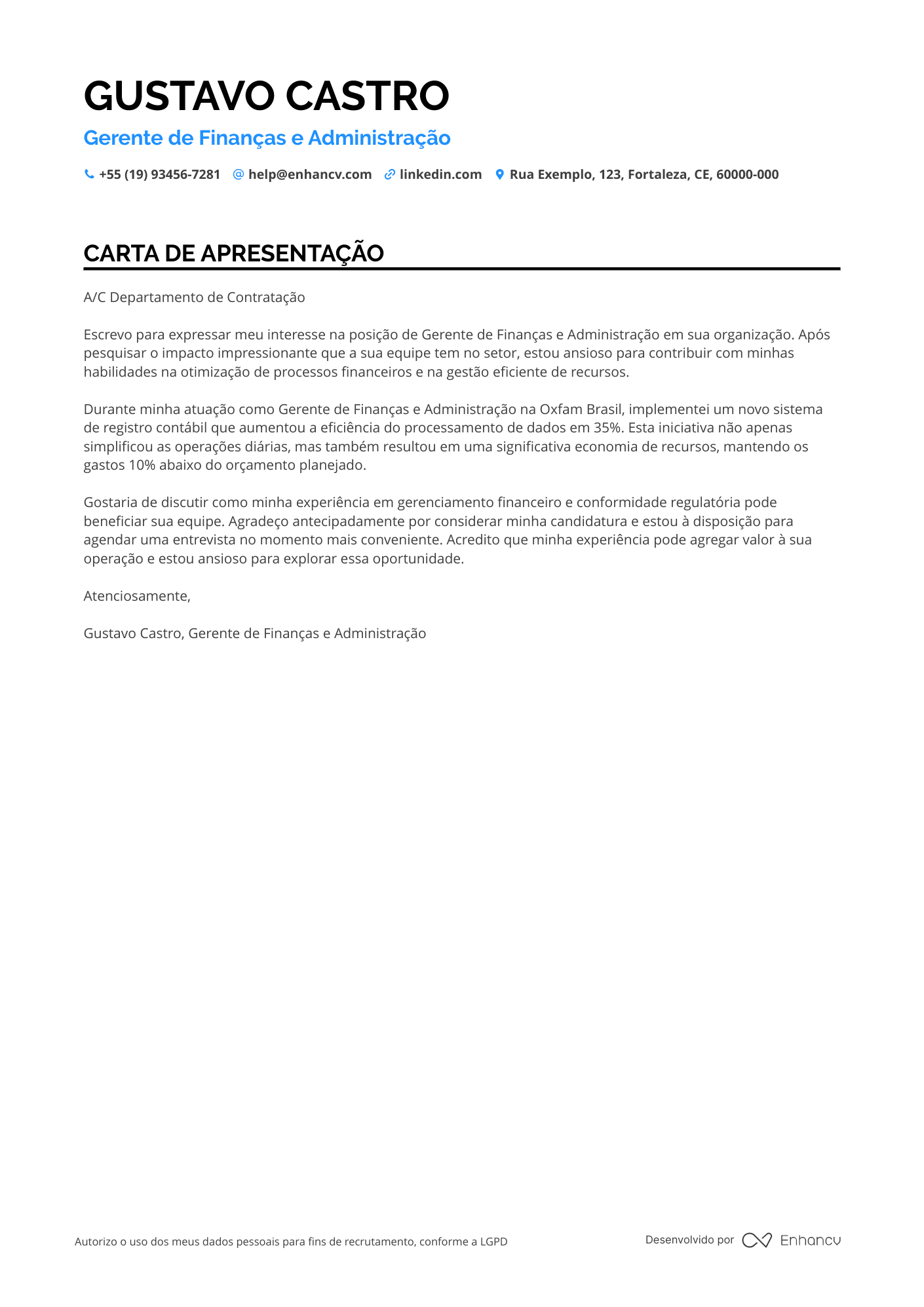 Gerente Administrativo de Finanças Resume Example