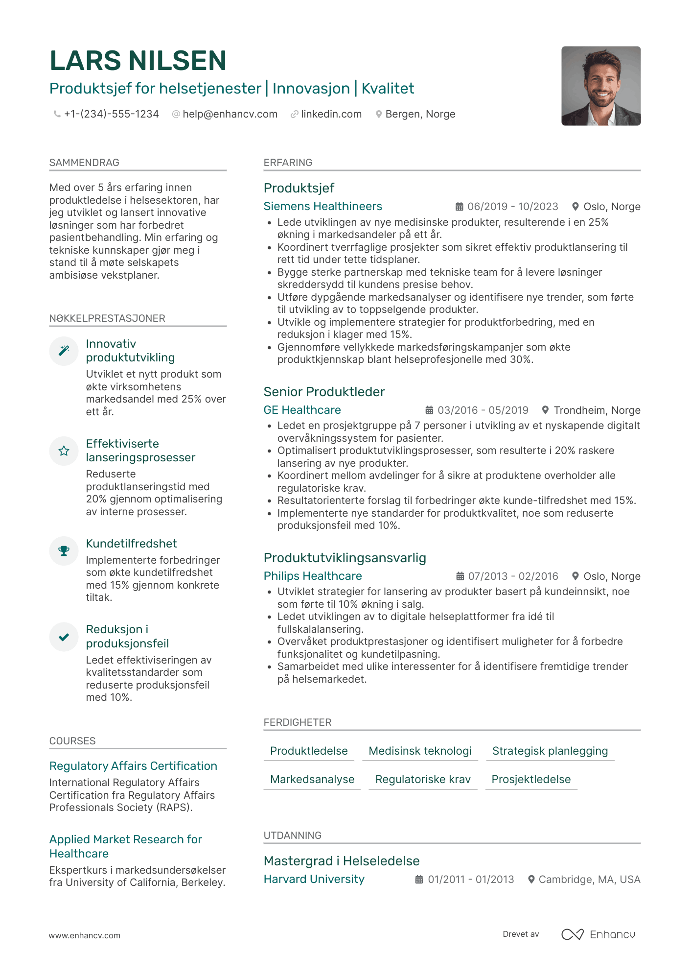 CV for Produktsjef for helsetjenester Resume Example