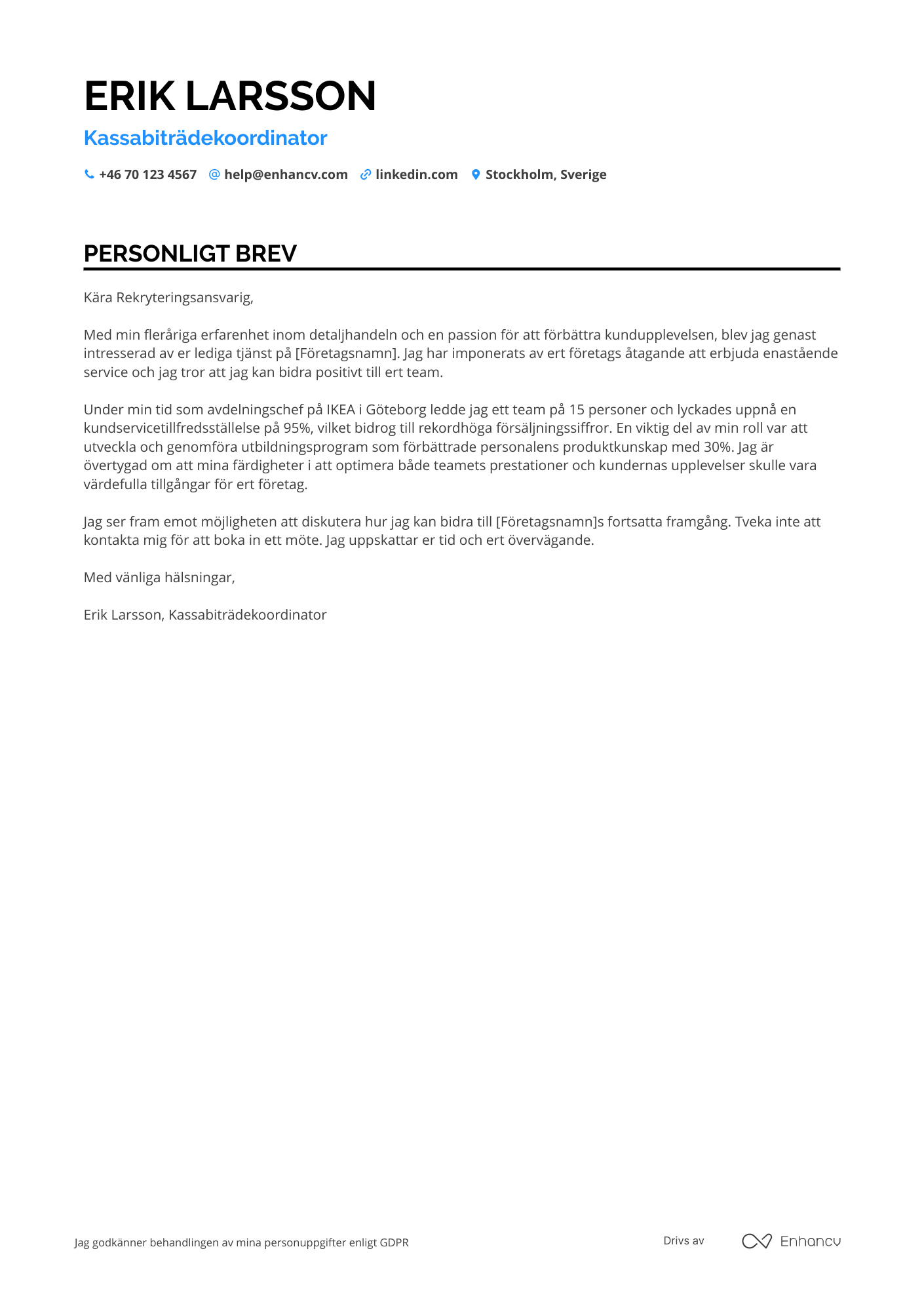 Personligt brev för Kassabiträdekoordinator Resume Example