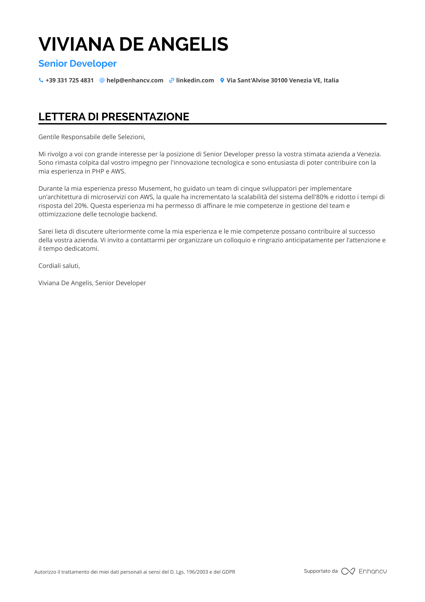 Sviluppatore Web per Startup Resume Example