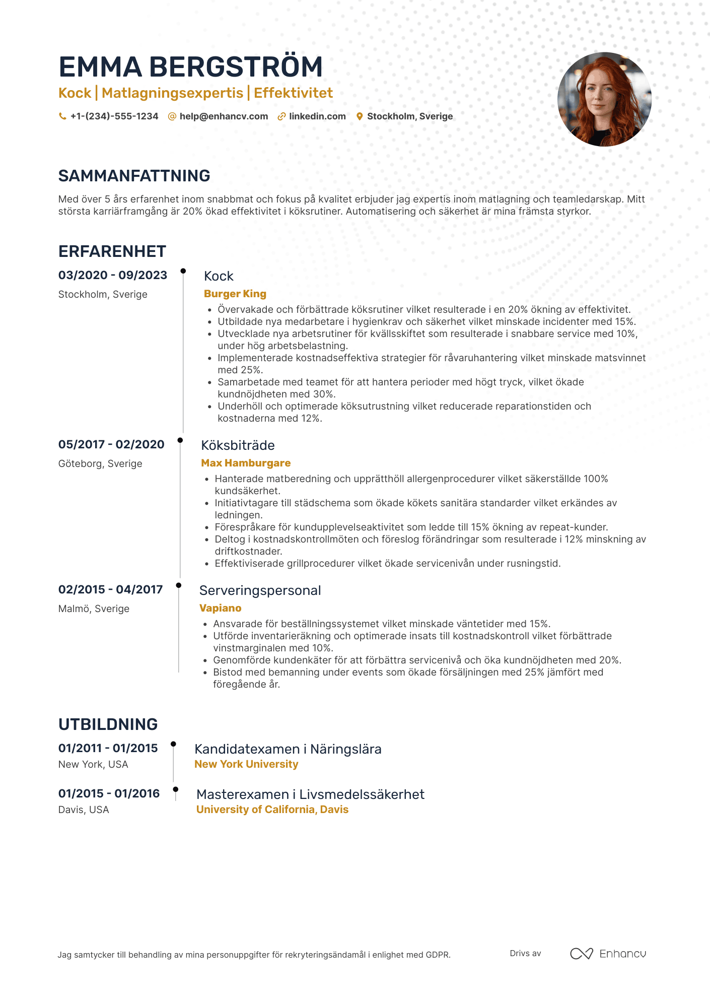 CV för McDonald's Kock Resume Example