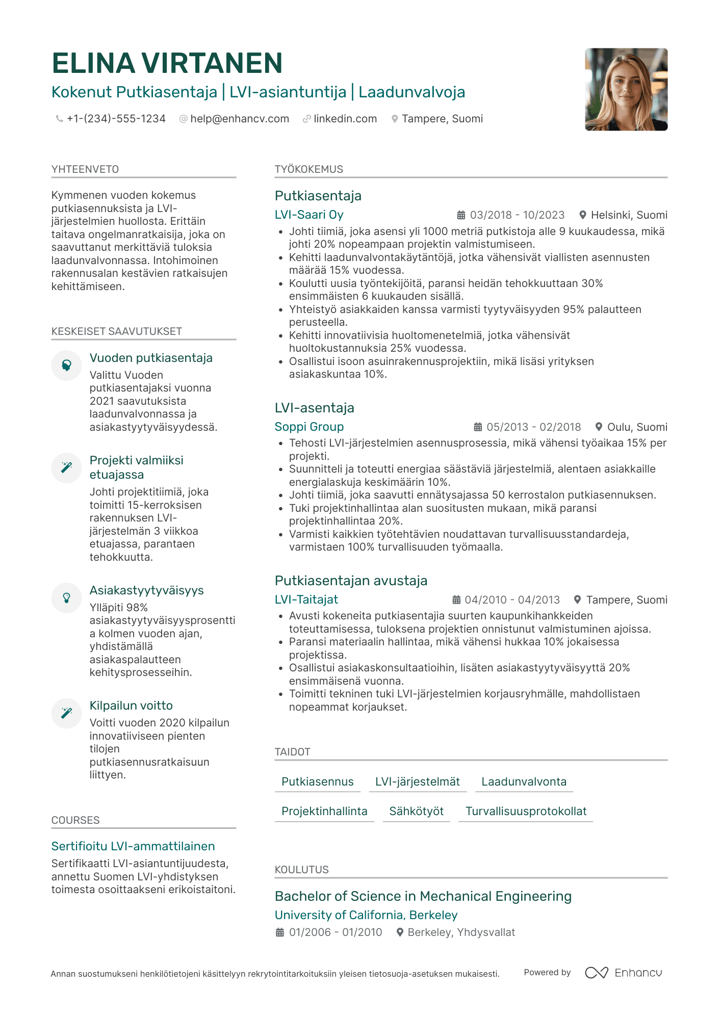 Ansioluettelo Putkiasentaja rakentamisessa Resume Example