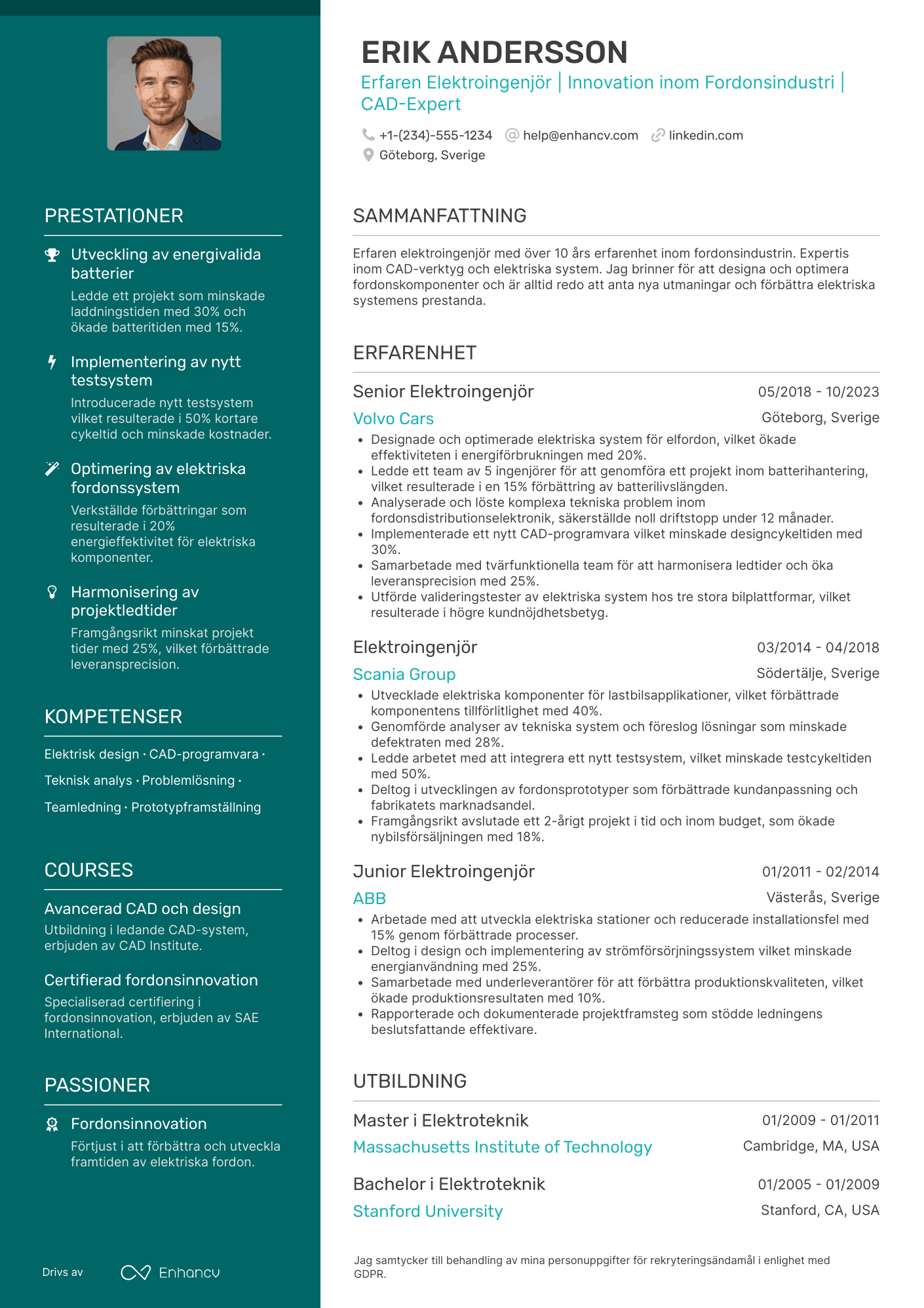 CV för Elektroingenjör inom fordonsindustrin Resume Example