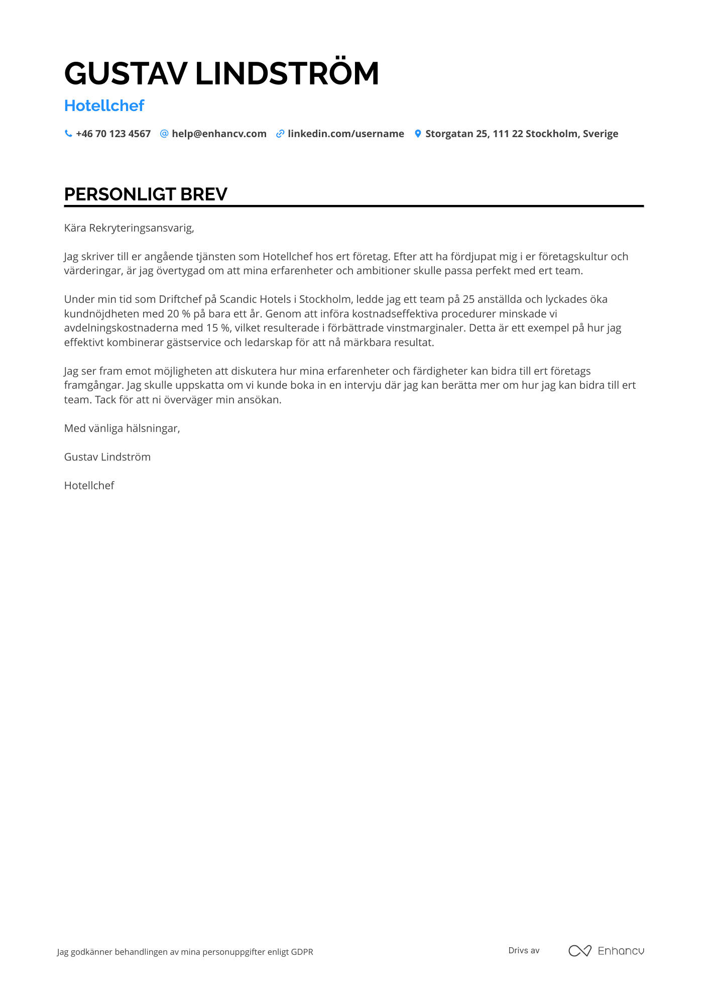 Personligt brev för Hotellchef intern service Resume Example